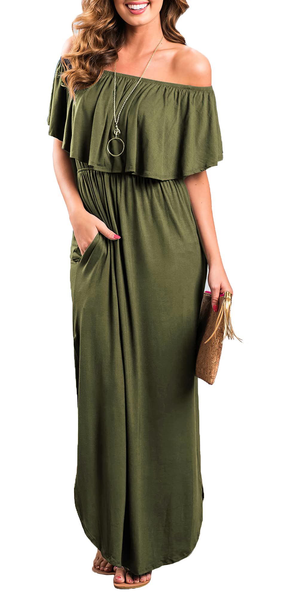 Women's Off The Shoulder Ruffle Party Dress with Side Slit - Elegant Beach Maxi Dress for Summer Weddings, Vacations & Night Out