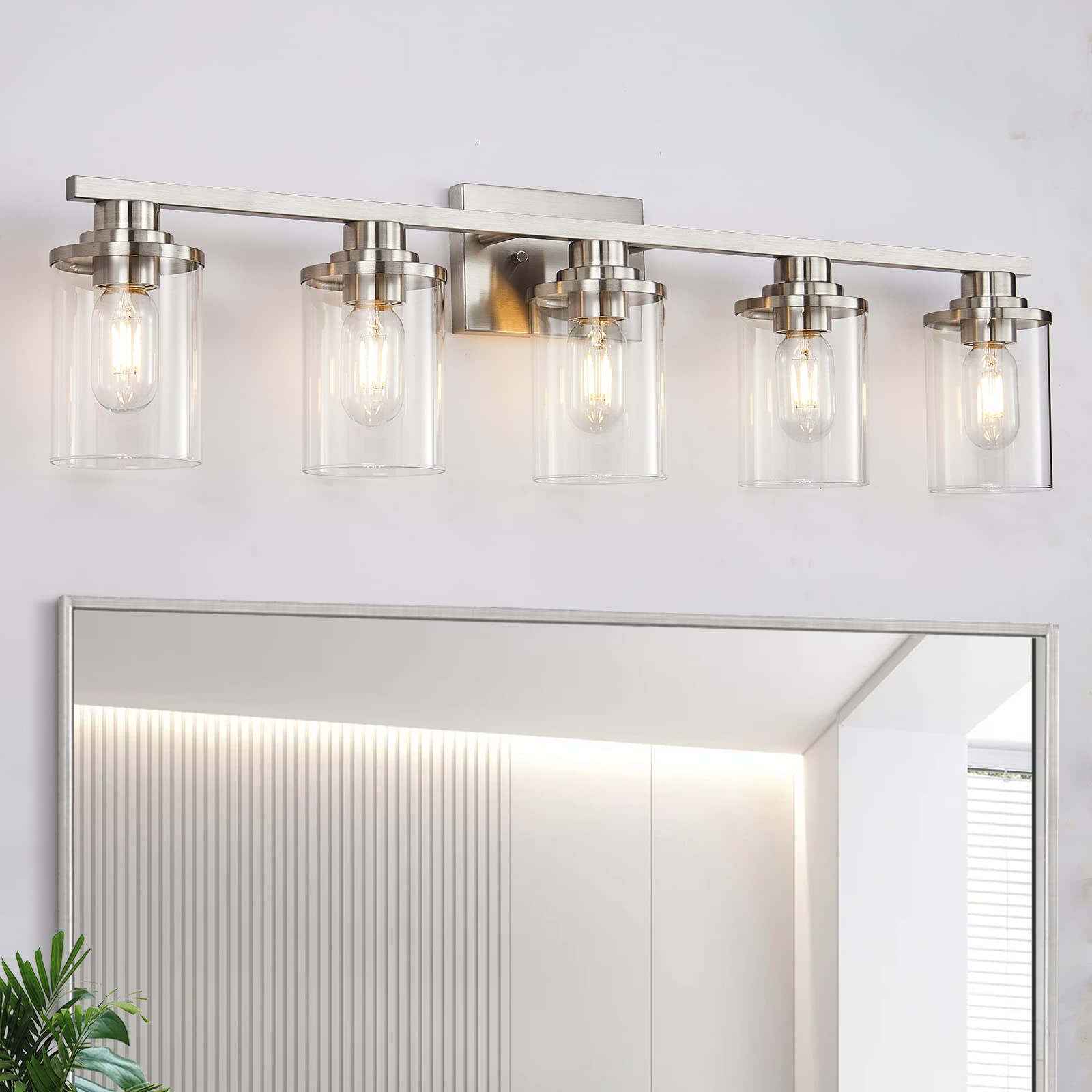 5-Light Brushed Nickel Bathroom Vanity Light Fixture with Clear Glass Shade - Modern Wall Sconce Lighting for Bathroom, Bedroom & Living Room - Perfect for Vanity Mirror, Makeup Area and Home Decor