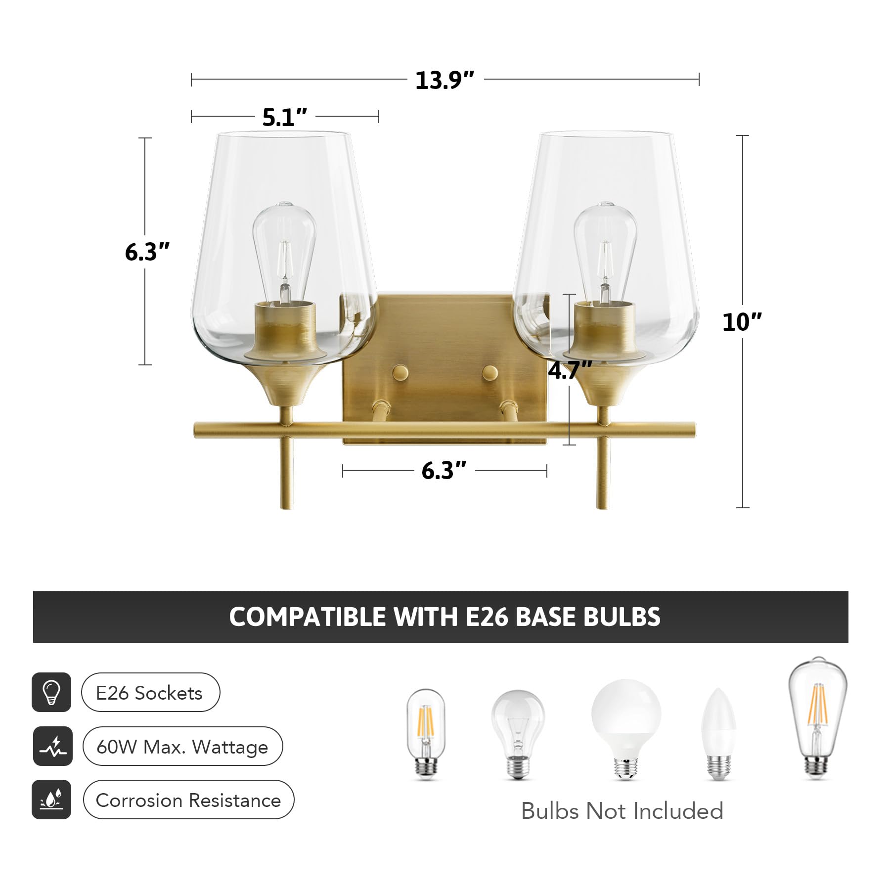 VONLUCE 2-Light Modern Bathroom Vanity Light Fixture with Clear Glass - Brushed Gold Wall Sconce for Mirror Lighting - Perfect for Bathroom, Bedroom, Hallway & Kitchen Decor