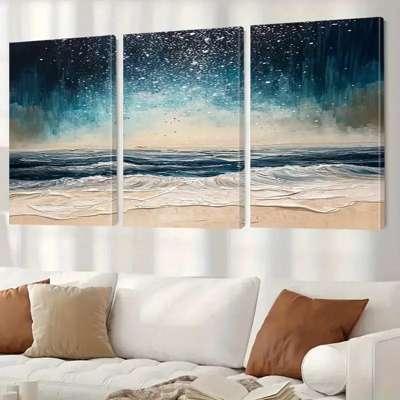 3-Piece Abstract Night Beach Waves Classic Art Set - Framed Canvas Wall Decor 50x70cm | High Quality Print | 100% Australian Made | Ready to Hang | Perfect for Living Room, Bedroom & Office Decor