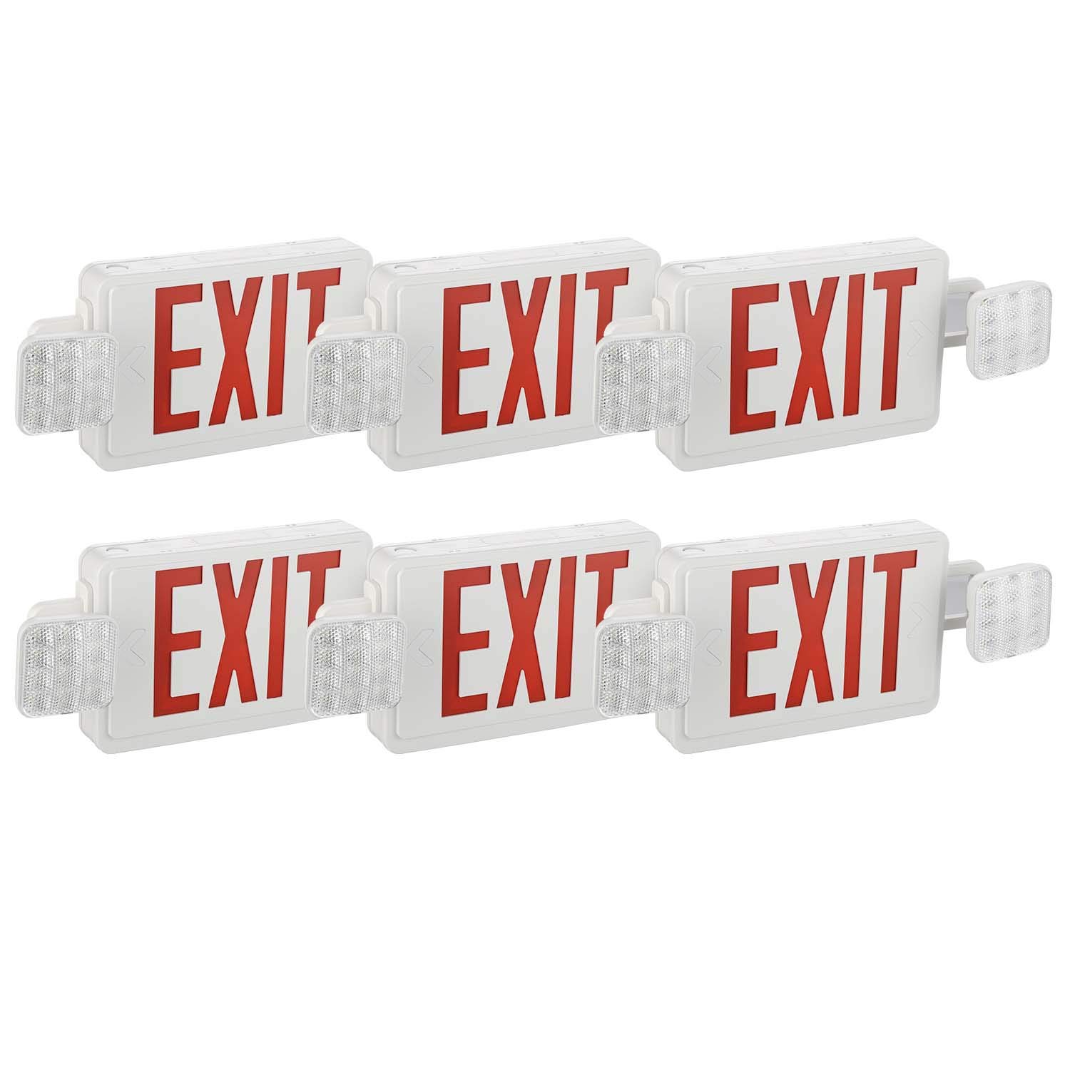 6 Pack Red LED Emergency Exit Light with Battery Backup - Adjustable Head, UL Listed & CEC Qualified (120V-277V) - Home & Commercial Power Failure Safety Lighting - Ideal for Hallways, Stairwells, Offices & Emergency Exits