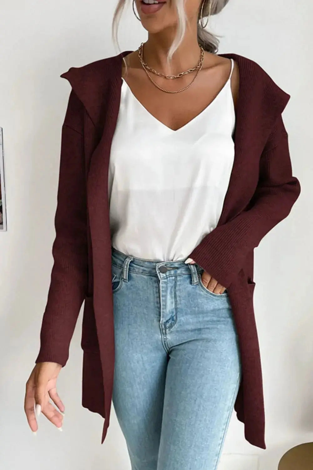 Double Take Ribbed Open Front Hooded Cardigan Sweater for Women - Cozy Knit Long Sleeve Wrap Jacket | Perfect for Fall Layering, Casual Outfits & Lounge Wear