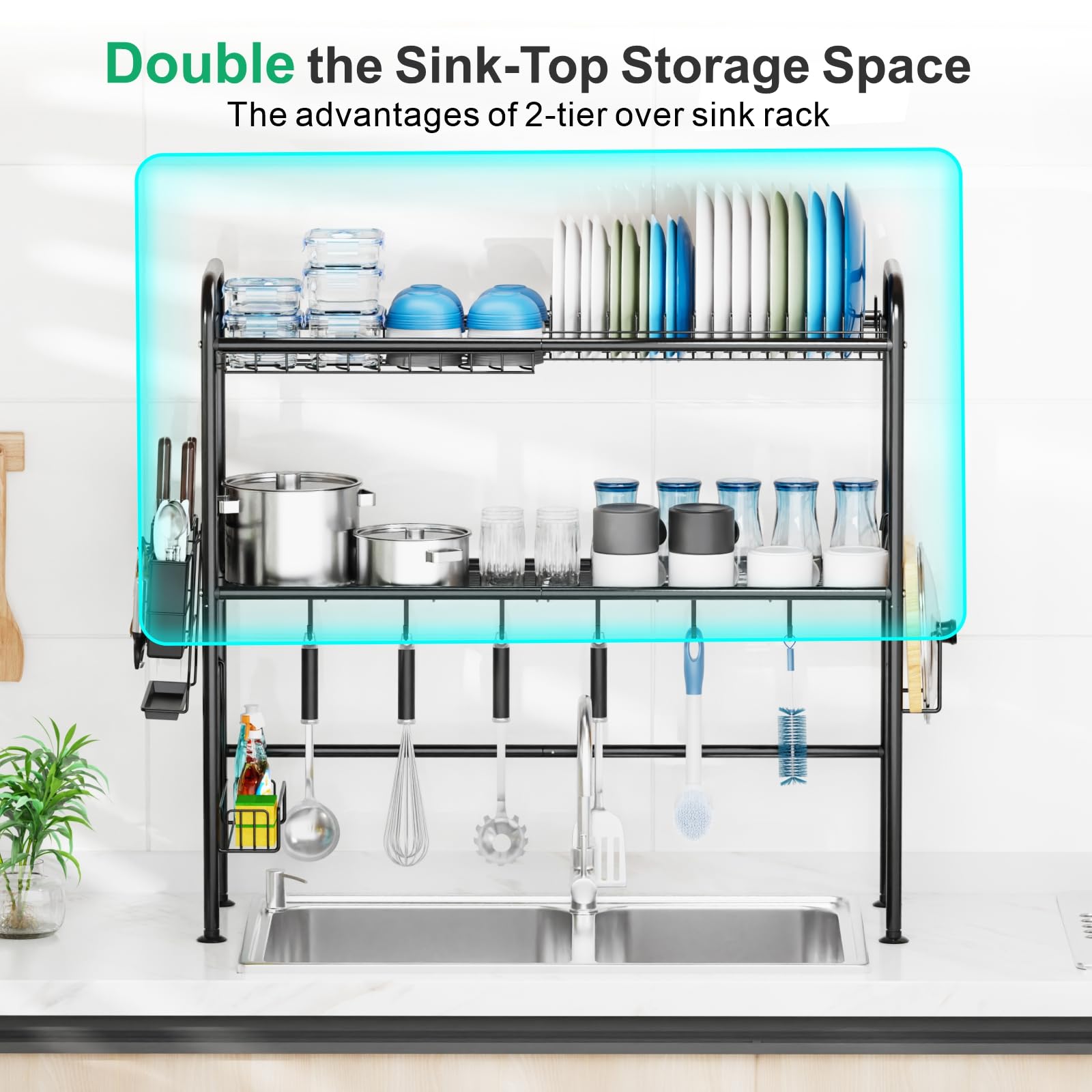 GSlife 2 Tier Over Sink Dish Rack with Utensil Holder - Rustproof Drying Rack for Kitchen Organization - Fits 31.5