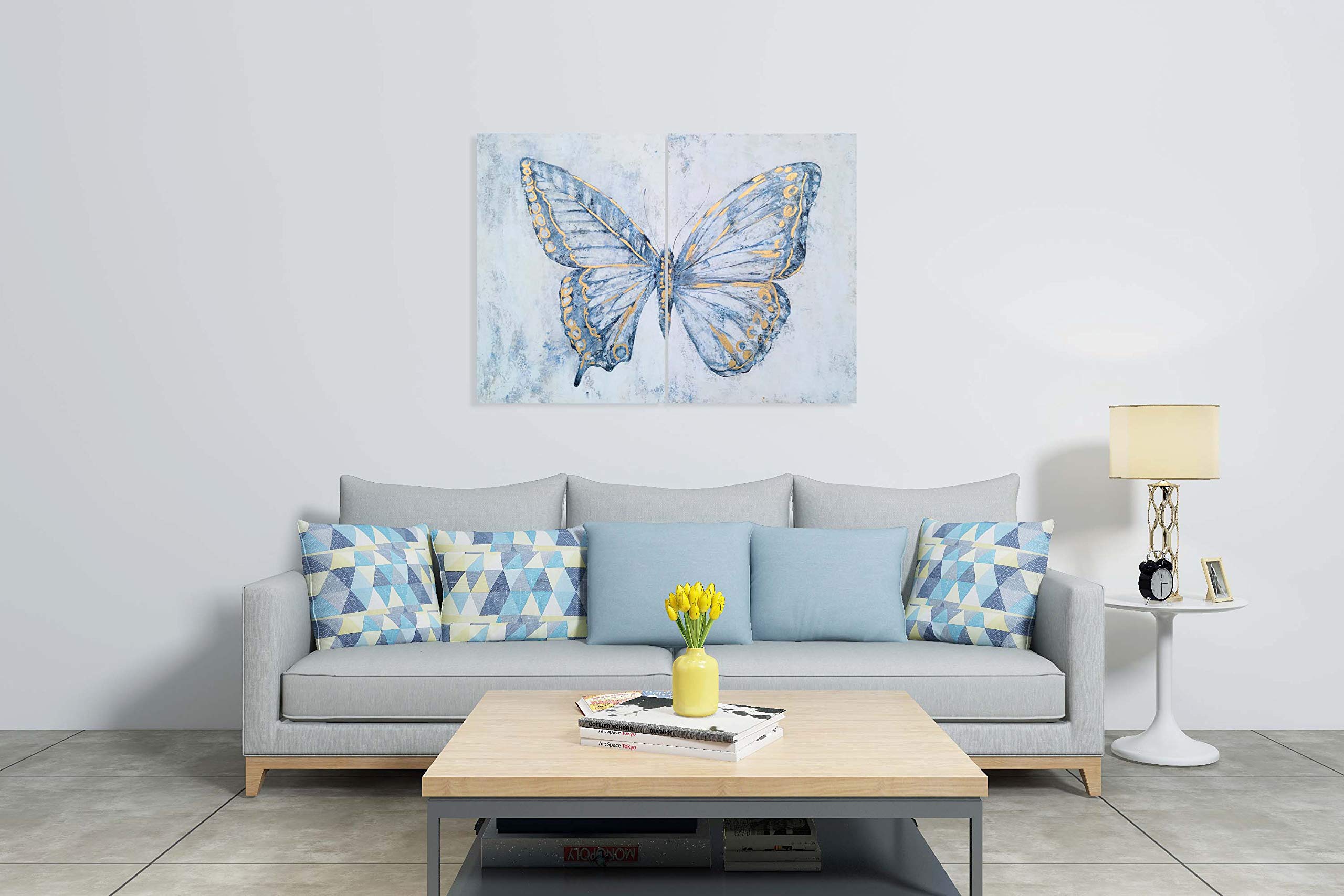 Hand Painted Blue & White Butterfly Canvas Wall Art Set of 2 - Modern Abstract Animal Paintings with Gold Foil Accents | Perfect for Living Room, Bedroom, Bathroom & Nursery Decor | Home & Office Wall Decorations