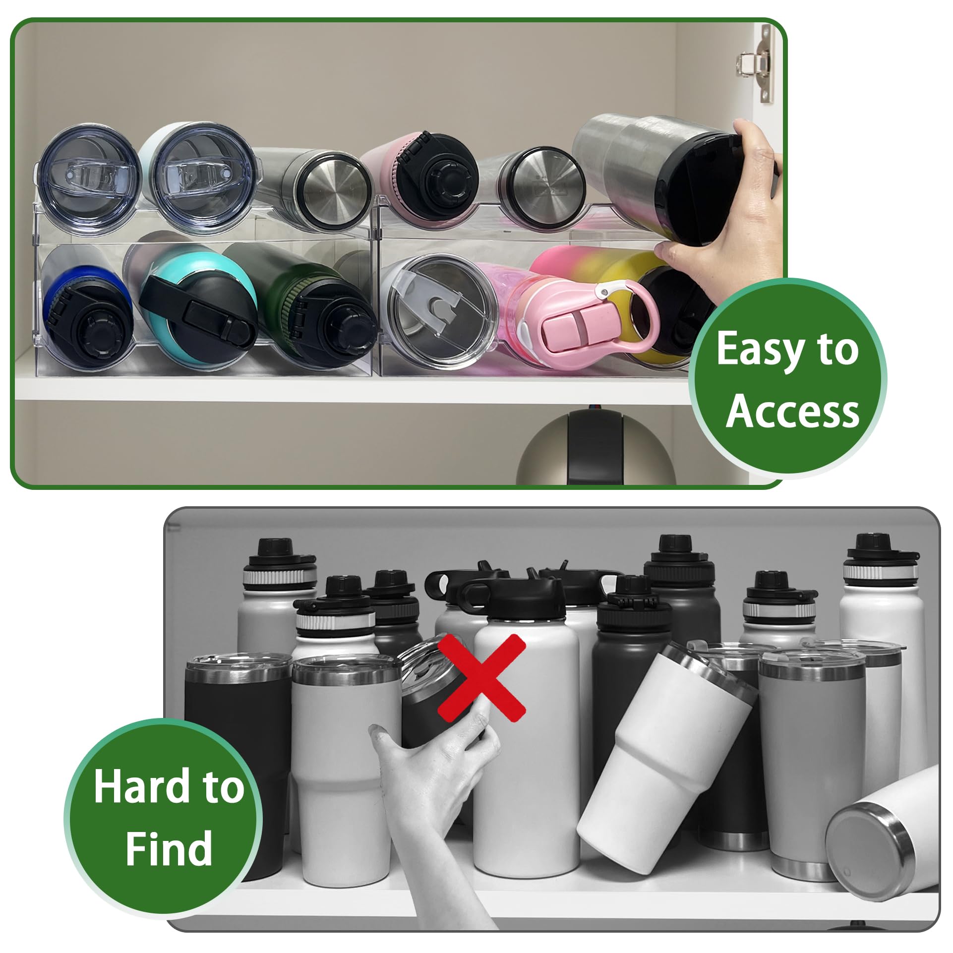2 Pack Stackable Plastic Water Bottle Organizer - Space Saving Kitchen Pantry Storage Shelf for Cabinet & Fridge Organization - Perfect for Soda, Juice & Sports Drink Bottles in Home, Office or Dorm