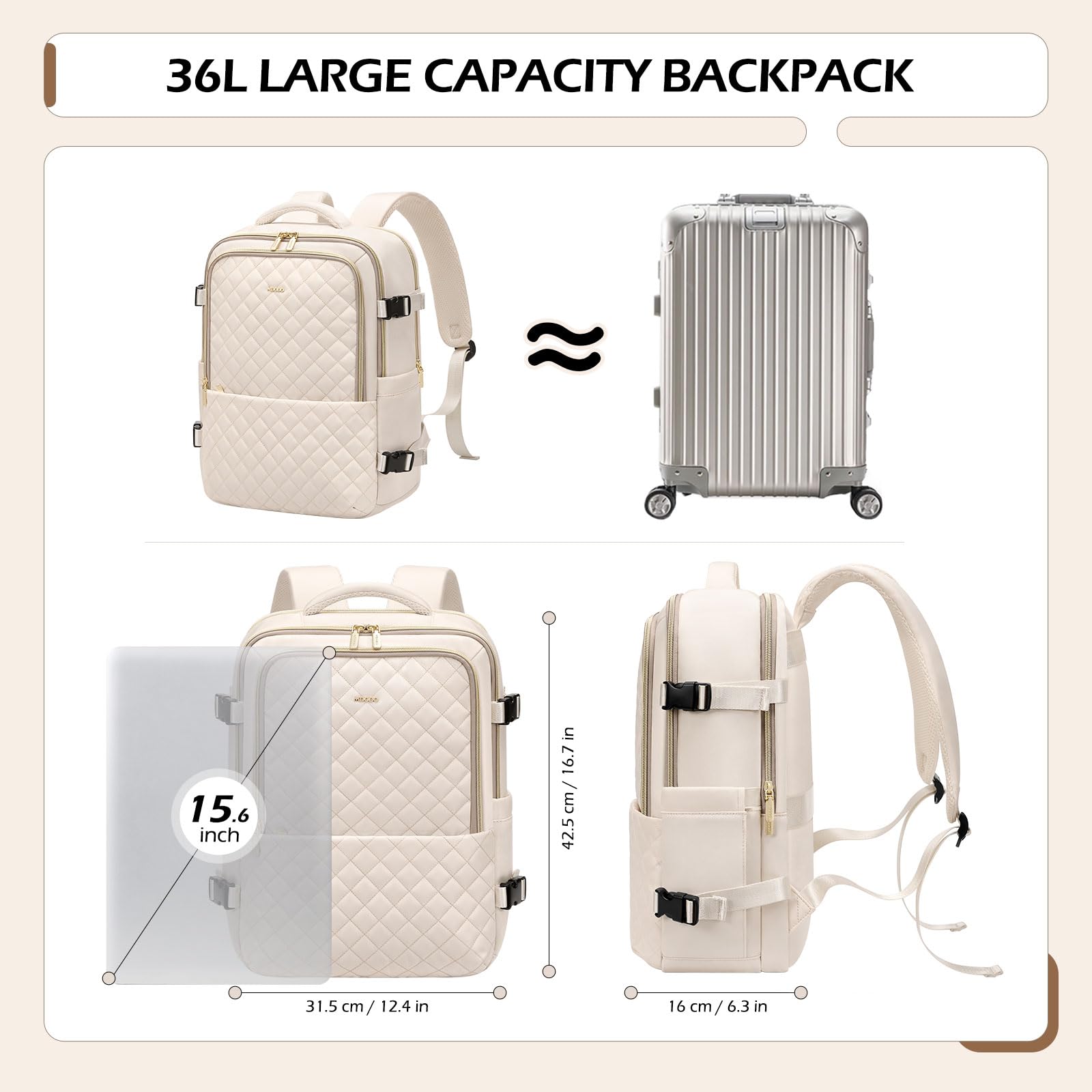 Large Travel Backpack for Women & Men - 36L Lightweight Waterproof Carry On Backpack Fits 15.6 Inch Laptop, Perfect for College, Work, Hiking & Daily Commute - Beige