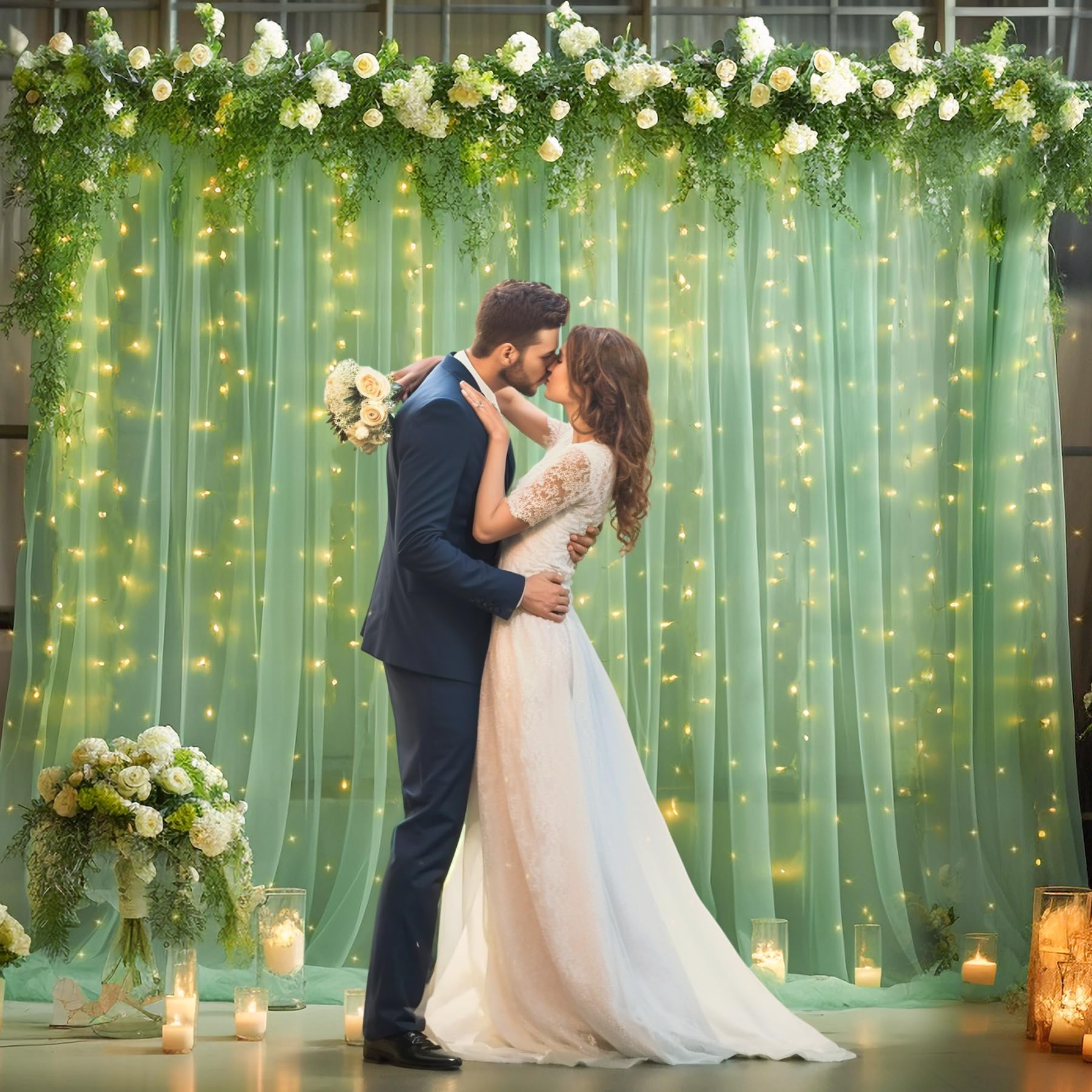 10×10ft Green Tulle Backdrop Curtain with Fairy Lights - Sheer Wedding Party Decor, Photo Booth Background, Birthday Celebration Drapes for Home & Event Decorations