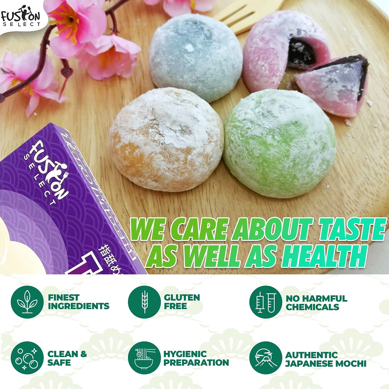 Fusion Select Mochi Daifuku Snacks - Traditional Japanese Rice Cakes with Sweet Filling - Asian Dessert for Family & Parties - Chewy Soft Texture (Taro Flavor) - Perfect for Tea Time, Gifts & Asian Cuisine Lovers