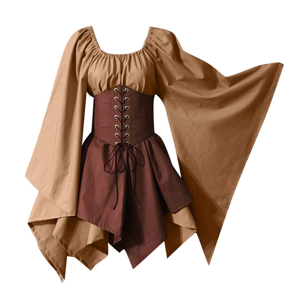 Plus Size Gothic Midi Dress for Women - Halloween Cosplay Costume, Retro Long Sleeve Corset Dress (Khaki, XL) | Perfect for Gothic Parties, Halloween Events & Vintage Fashion Lovers