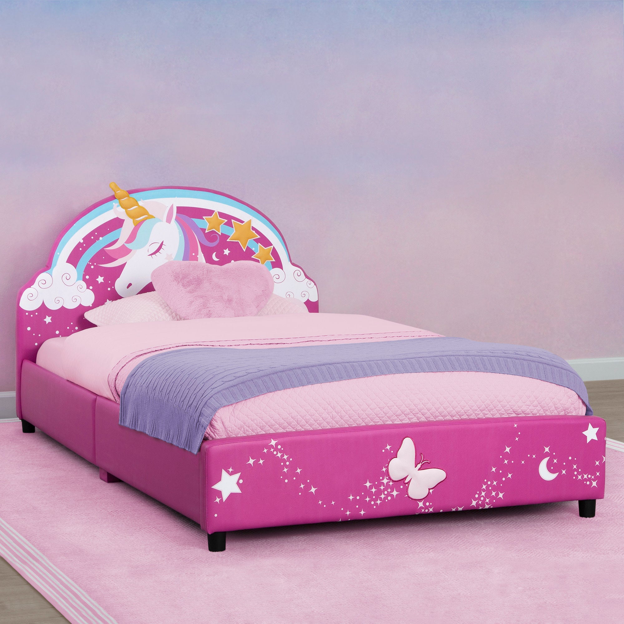 Magical Unicorn Upholstered Twin Bed for Kids - Soft Pink Fabric with Gold Horn & Stars - Perfect for Girls' Bedroom Decor & Fantasy Themed Sleepovers