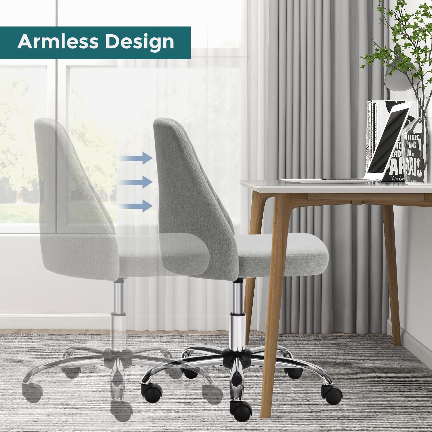 Ergonomic SMUG Home Office Desk Chair - Adjustable Rolling Task Chair with Wheels, Armless Computer Chair for Bedroom, Living Room & Makeup Vanity | Perfect for Remote Work, Gaming & Study Sessions