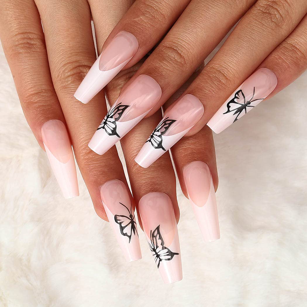 Long Square Coffin Press on Nails - Glossy Pink Butterfly Fake Nails with Ballerina French Tips - 24Pcs Acrylic Artificial Nail Set for Women & Girls - Perfect for Parties, Weddings, and Daily Wear