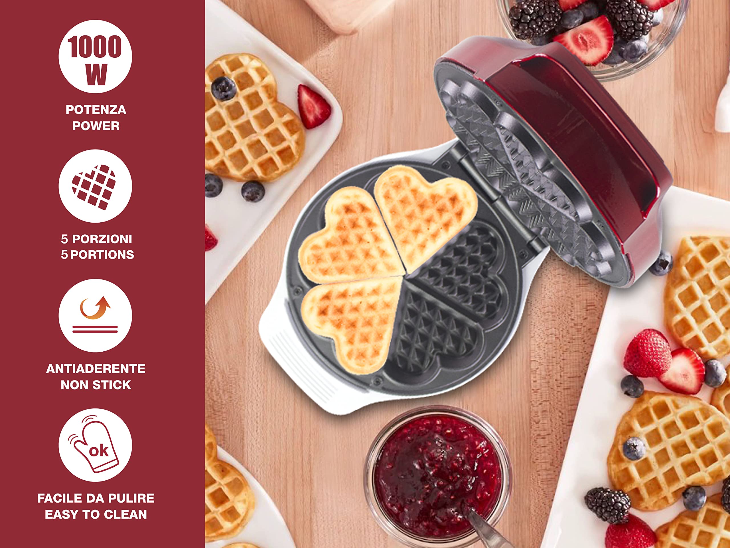 Beper Waffle Maker - Non-Stick 18cm Waffle Iron, Makes 5 Waffles at Once, 800-1000W (Red/White) - Perfect for Breakfast, Brunch & Family Gatherings