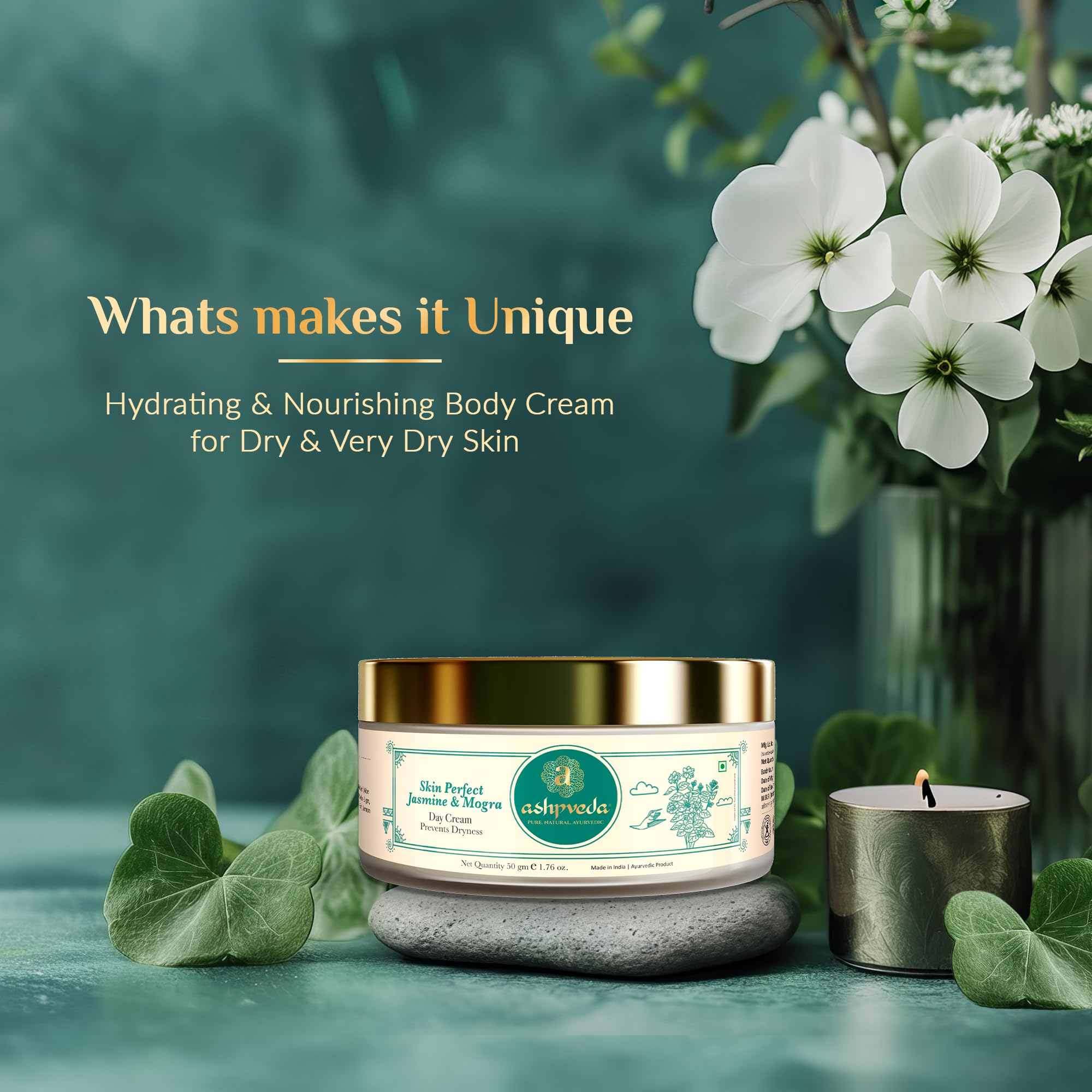 **Ashpveda Ayurvedic Skin Perfect Jasmine & Mogra Day Cream – Natural UVA/UVB Sun Protection, Chemical-Free SPF Cream for Women & Men (50g) | Daily Moisturizer for Glowing Skin**