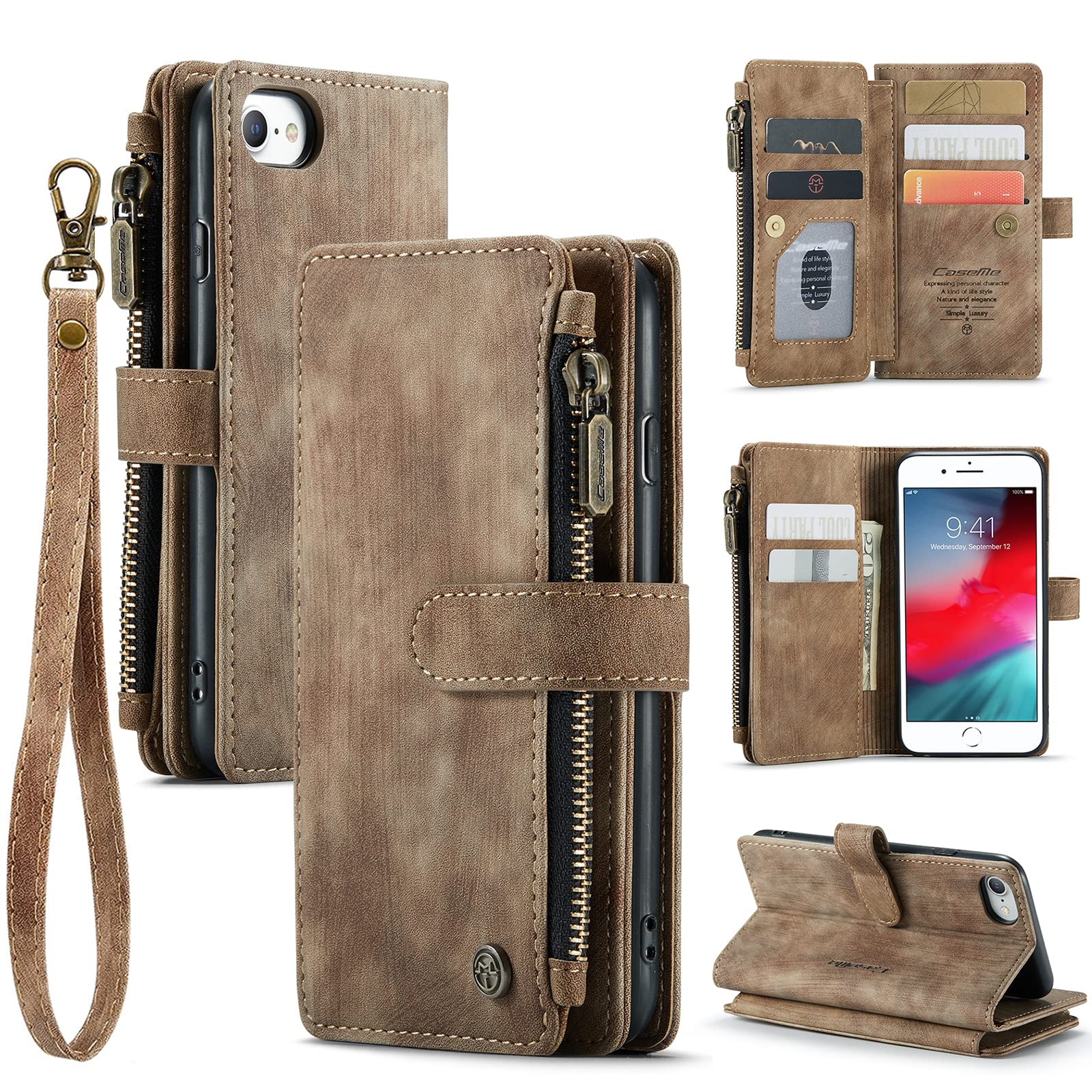 Premium Vintage PU Leather Wallet Case for iPhone 7 Plus/8 Plus - Zipper Closure, Magnetic Flip Cover with Card Slots, Money Pocket & Wrist Strap | Shockproof Protection & Kickstand | Perfect for Travel, Shopping & Daily Use (Brown)
