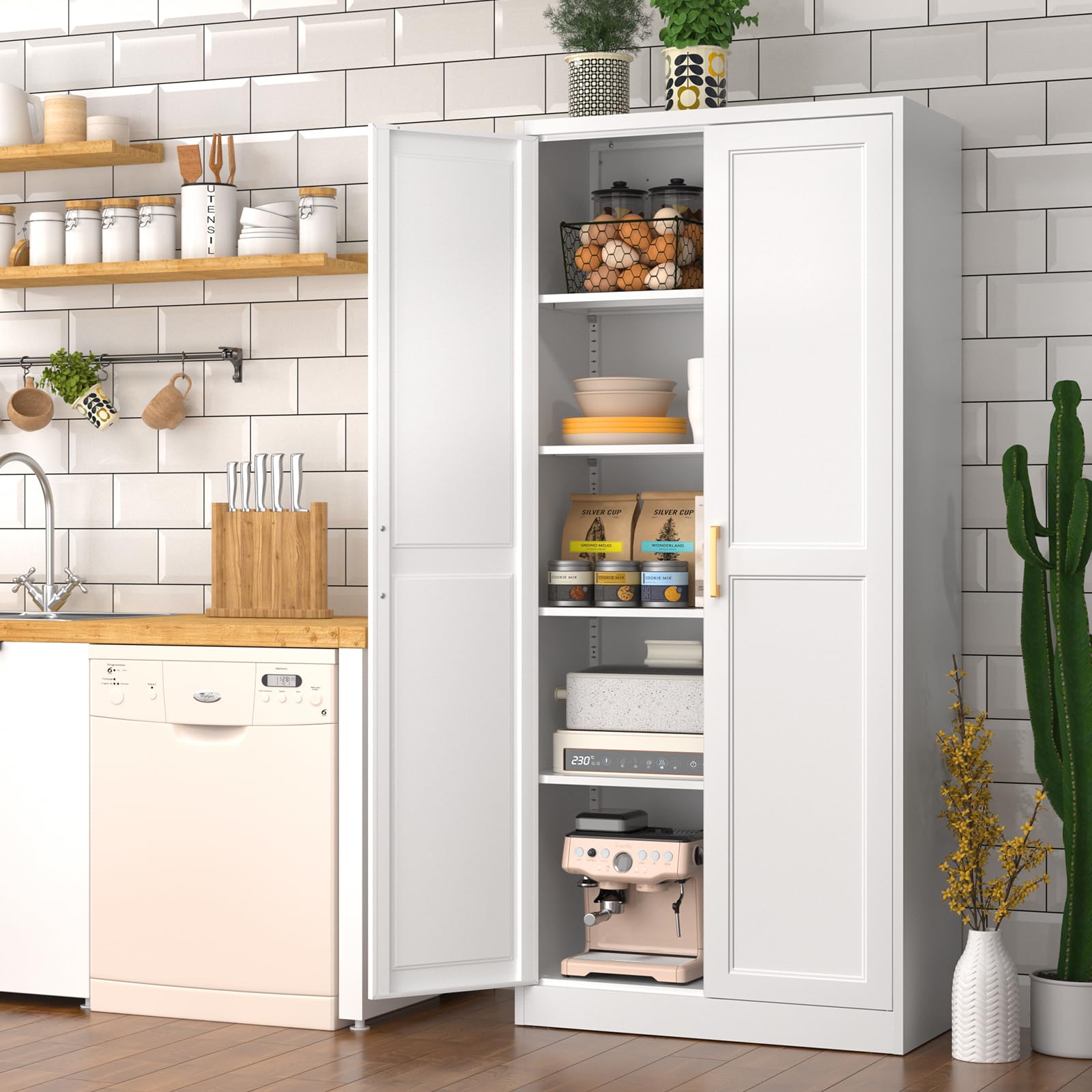 White Kitchen Pantry Cabinet with Adjustable Shelves & Doors - 71