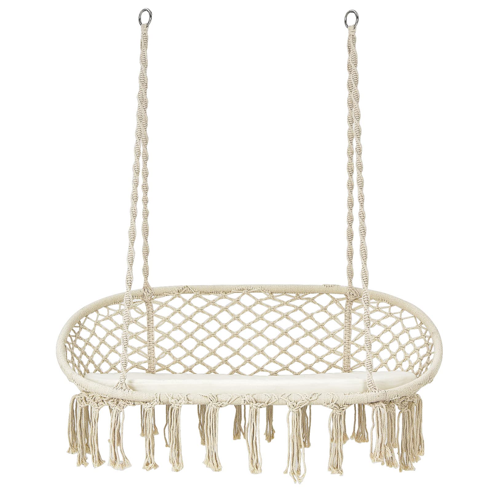 Giantex 2-Person Macrame Hammock Chair with Cushion - 440 lbs Capacity Cotton Rope Hanging Swing Chair with Metal Frame - Perfect for Indoor, Patio, Balcony & Living Room Relaxation - Ideal for Reading, Lounging & Outdoor Leisure Spaces