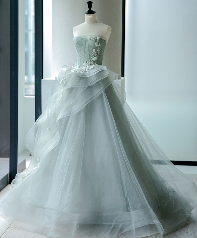 Elegant Gray Green Tulle Lace Long Prom Gown - Formal Evening Dress for Homecoming, Wedding, and Special Occasions