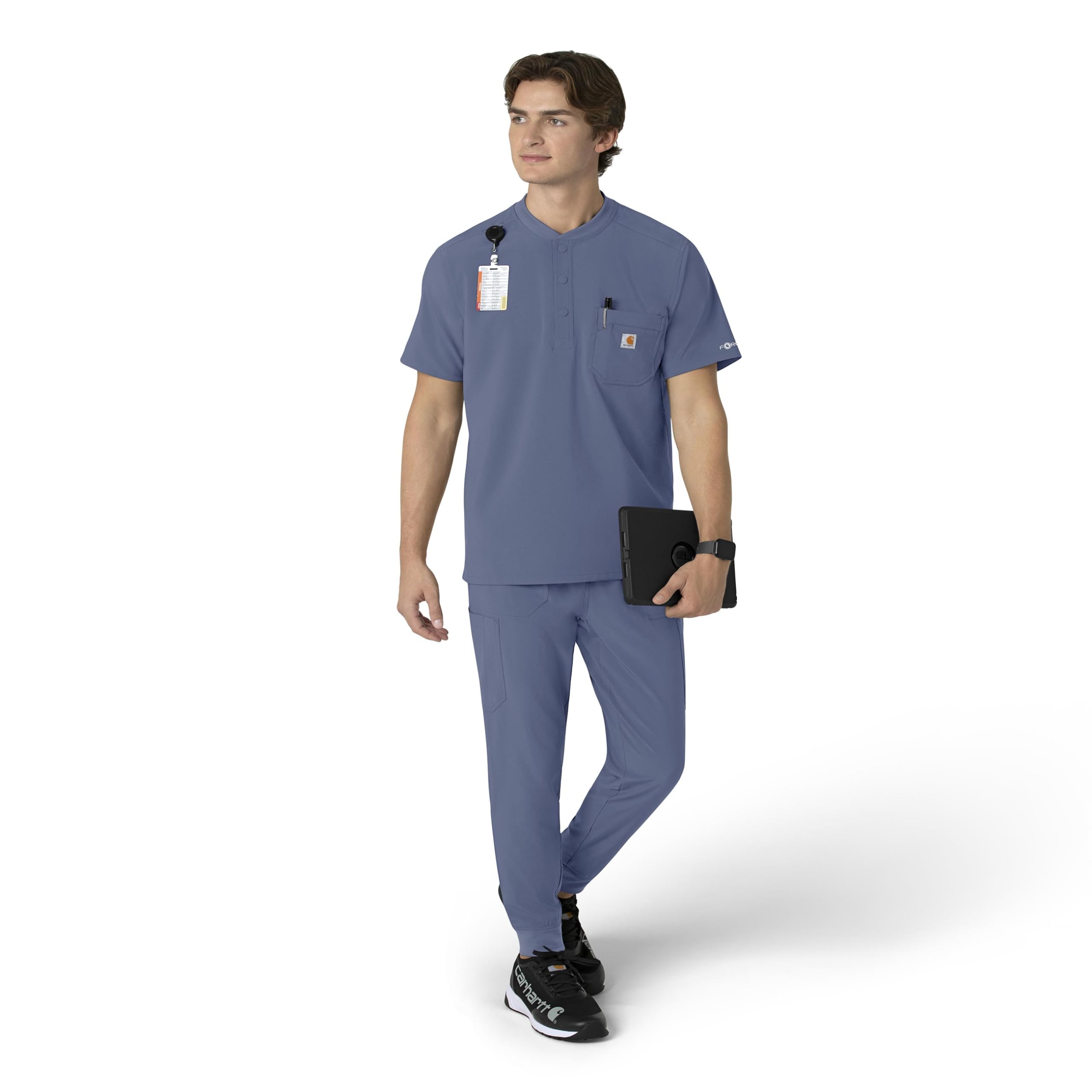 Carhartt Force Cross-Flex Men's Henley Scrub Top - Breathable Workwear for Medical Professionals - Navy Blue Scrubs for Doctors, Nurses & Healthcare Workers