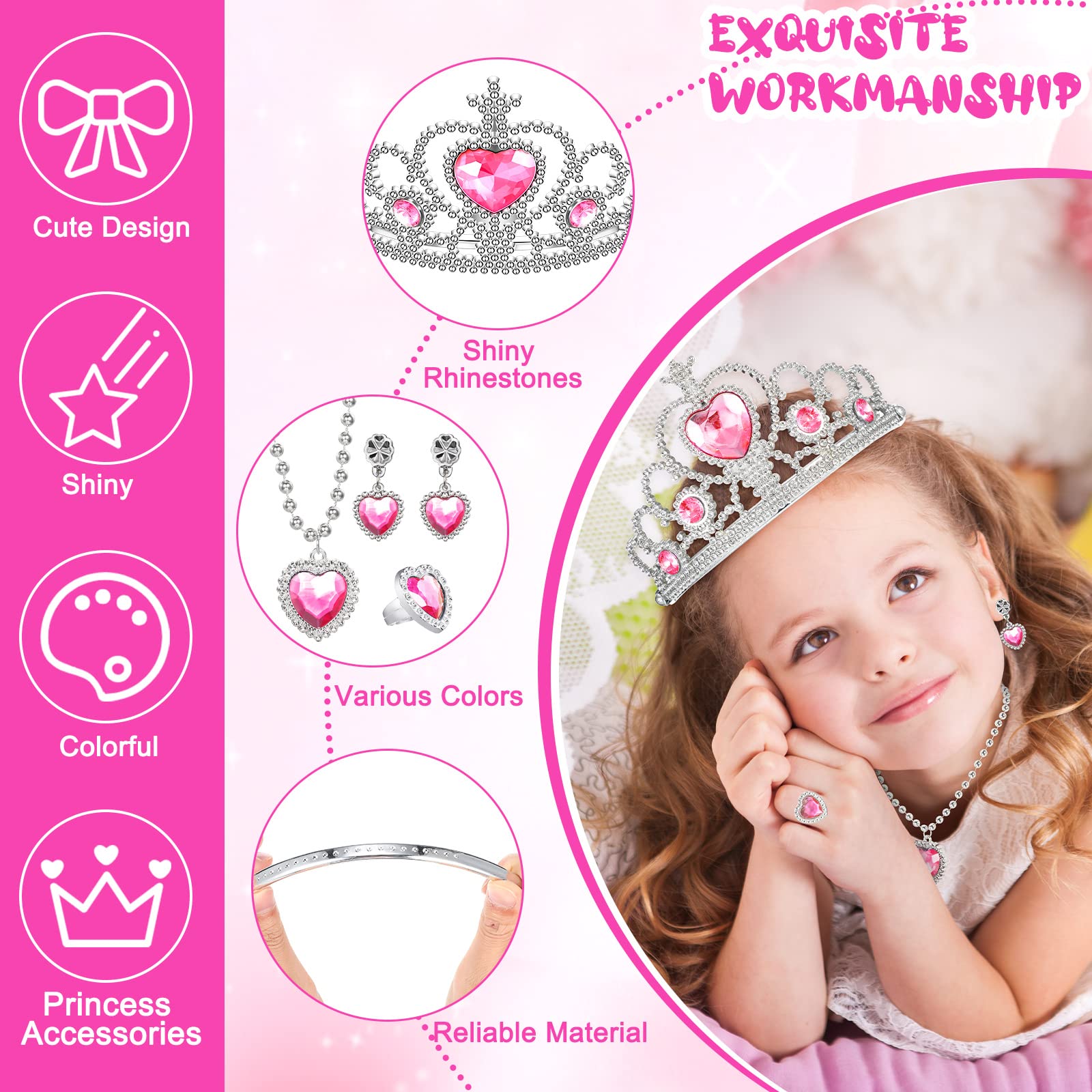 18-Piece Princess Jewelry Set with Crown, Wand, Necklace, Earrings & Rings - Pretend Play Dress-Up Toys for Girls (Blue, Pink, Purple) - Perfect for Birthday Parties, Tea Parties & Role-Playing Games