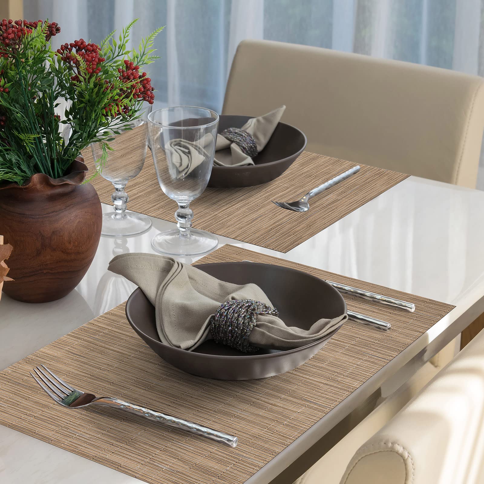 U'Artlines Heat-Resistant PVC Placemats Set of 6 - Stain Proof, Non-Slip, Washable Vinyl Table Mats for Dining Room, Kitchen & Outdoor Use (Beige)