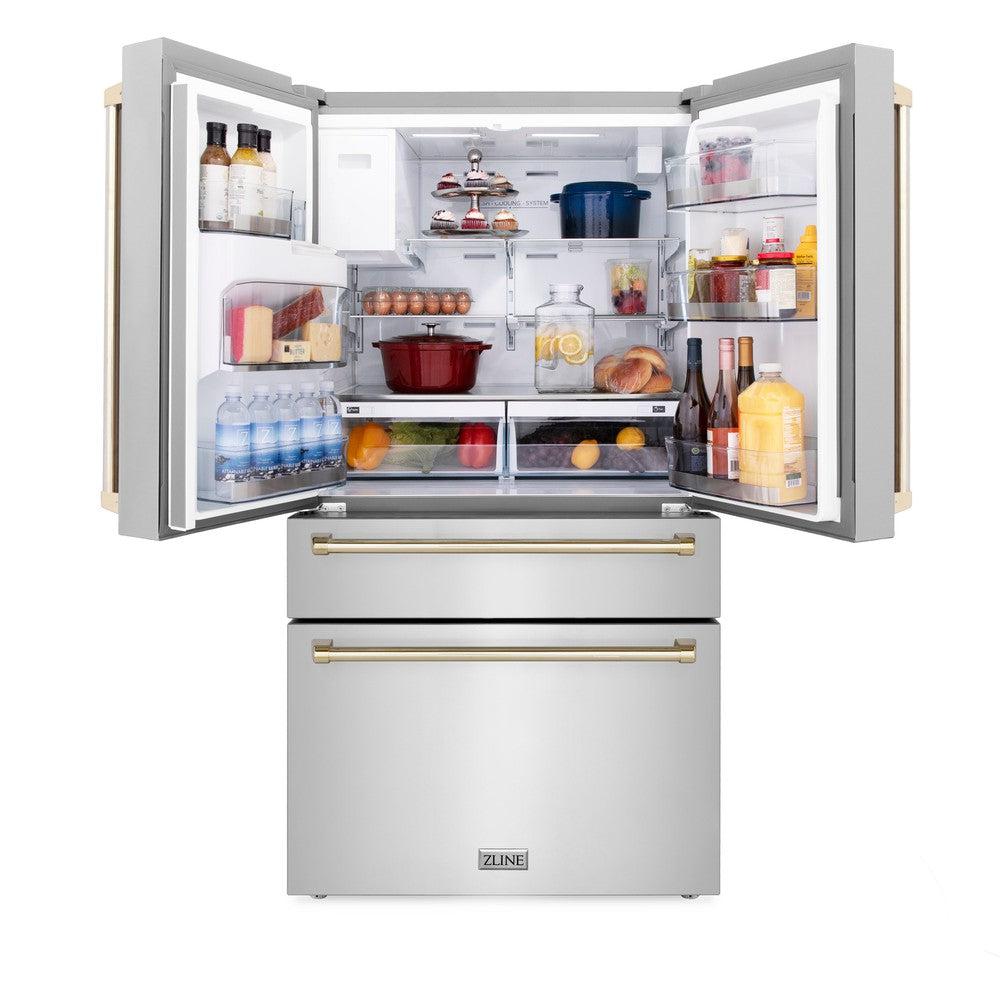 ZLINE Autograph Edition 36-inch Stainless Steel Dual Fuel Range Kitchen Package with Range Hood, Dishwasher & Refrigerator - External Water Dispenser & Polished Gold Accents (4AKPR RARHDWM36 G) | Premium Kitchen Appliances for Modern Homes & Professional Chefs