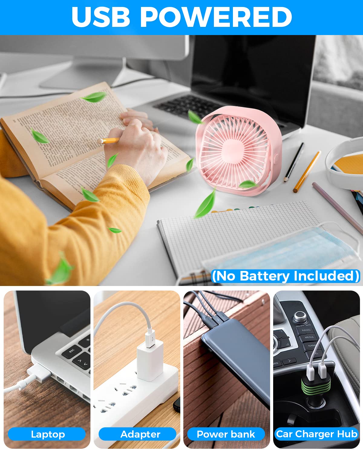 4 Inch Small USB Desk Fan - 3-Speed Portable & 360° Rotatable Mini Cooling Fan | USB-Powered Desktop Fan for Home, Office, Bedroom, Dorm | Perfect for Indoor, Outdoor & Summer Use | Great Gift Idea for Students & Professionals