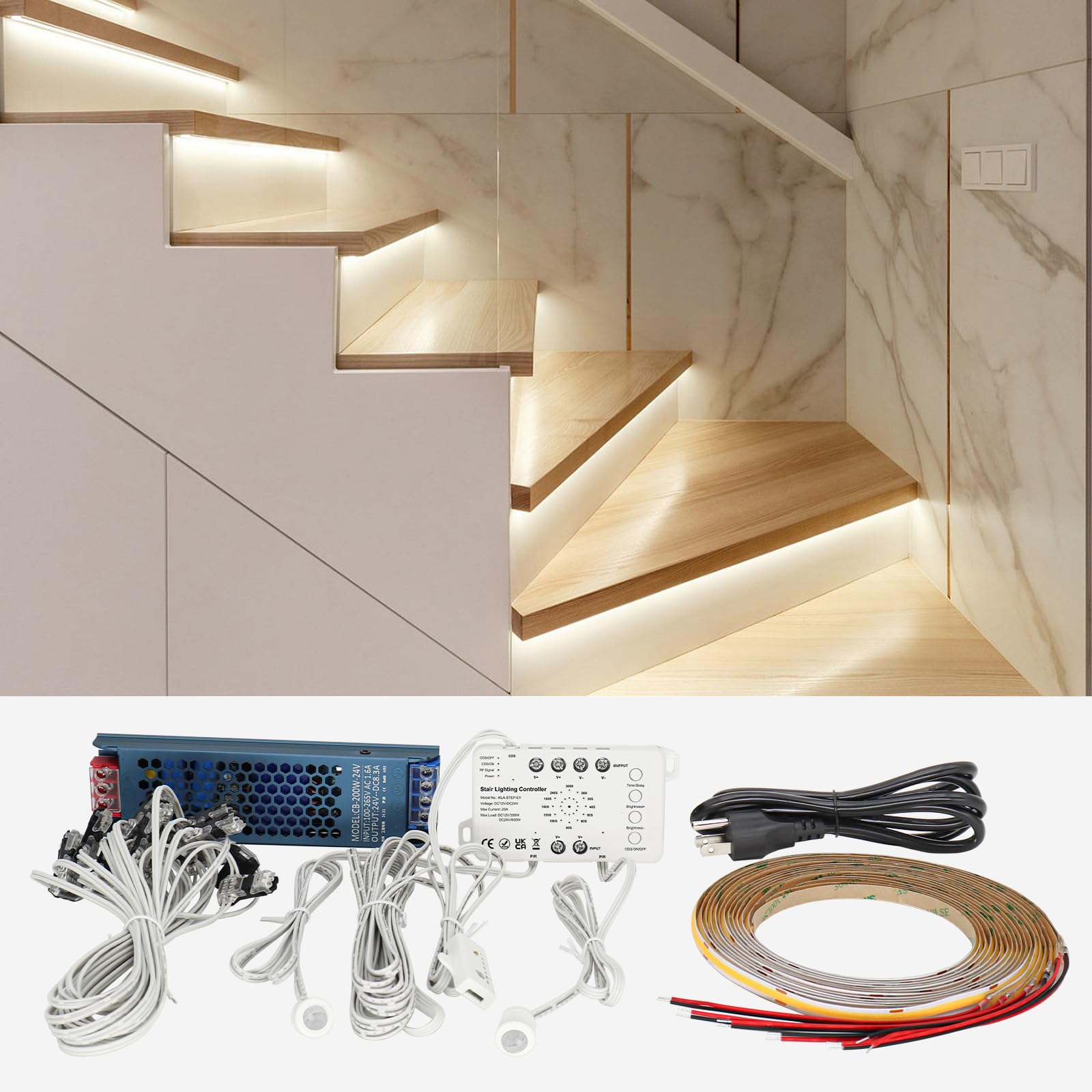 Motion Sensor LED Stair Light Kit with Main Wire - Easy Installation, Daylight Sensor COB LED Step Lights for Indoor Stairs (16 Steps, 3000K Warm White) - Perfect for Hallways, Basements & Bedroom Safety Lighting