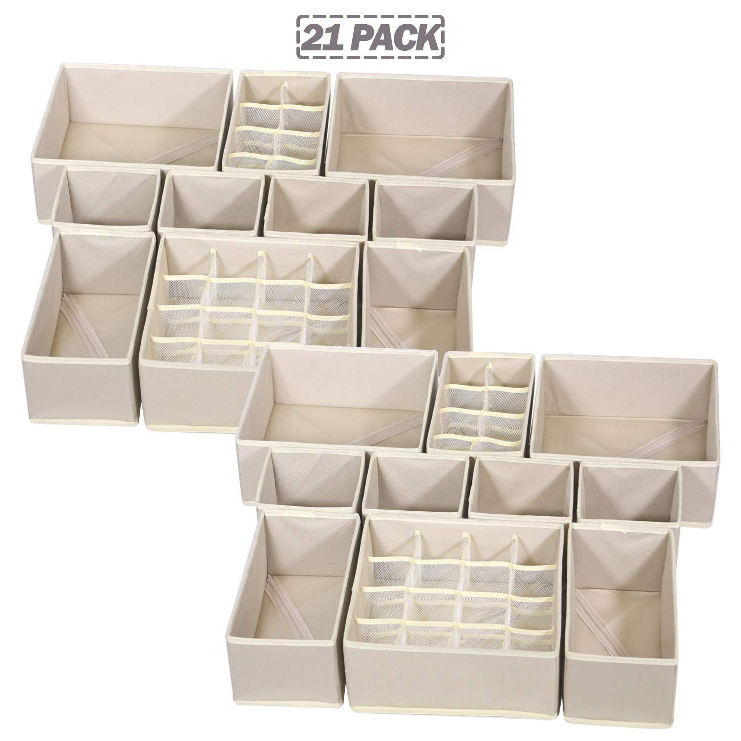 21-Pack Foldable Fabric Drawer Organizers - Closet Storage Boxes & Dividers for Underwear, Bras, Socks, Panties - Nursery & Baby Clothes Organizer - Beige | Perfect for Dresser, Wardrobe & Closet Organization