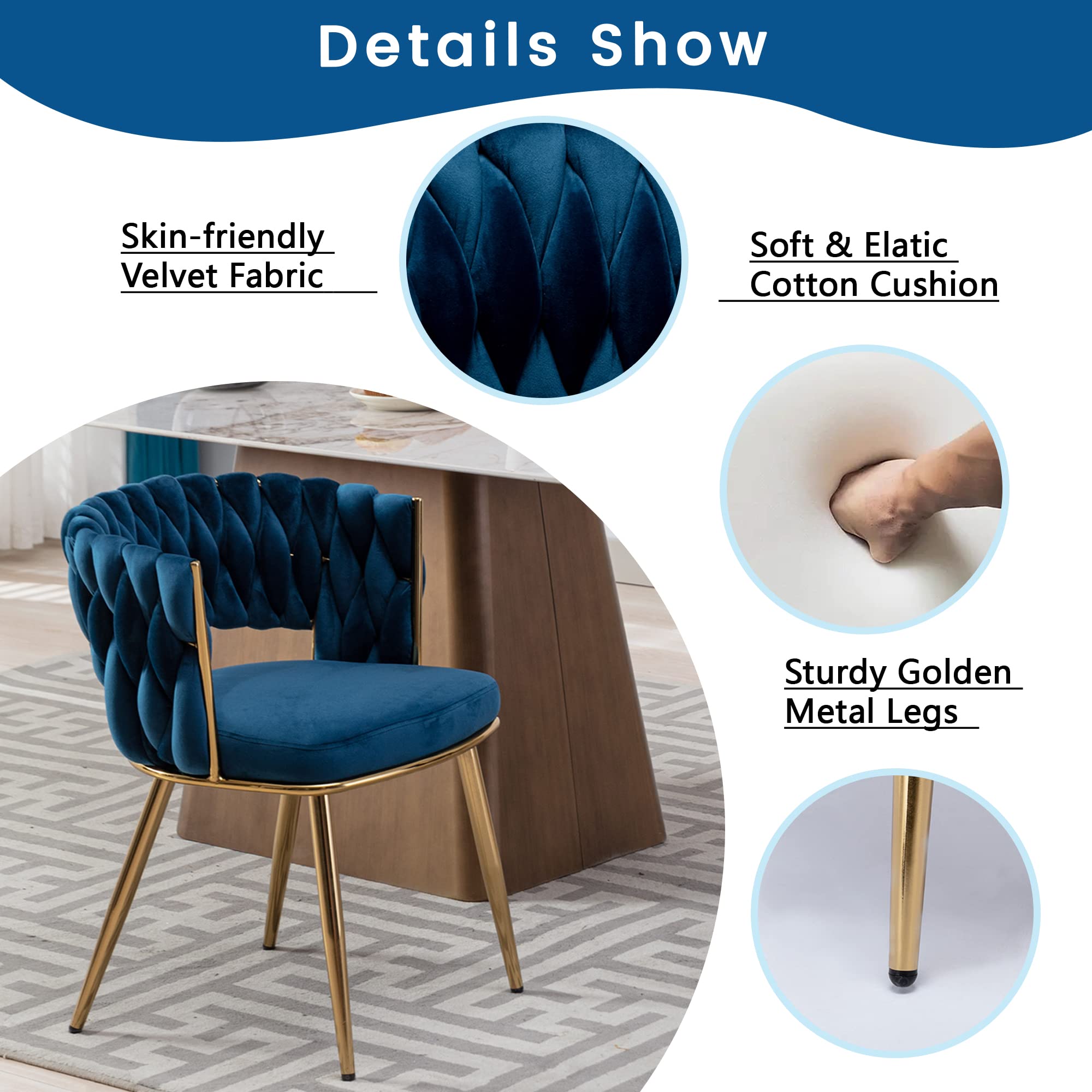 KCC Modern Velvet Dining Chairs Set of 2 - Blue Upholstered Living Room Chairs with Woven Back & Gold Metal Legs, Mid-Century Accent Side Chairs for Dining Room, Kitchen, Office or Lounge - Perfect for Entertaining Guests or Cozy Family Meals