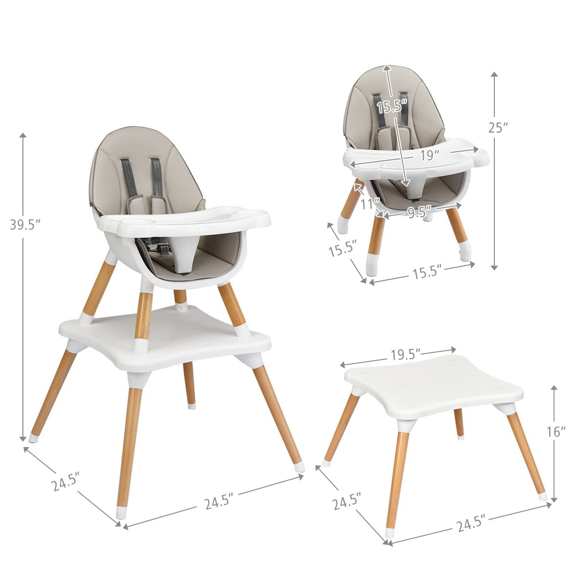 INFANS 5-in-1 Convertible Baby High Chair with 5-Point Safety Harness, Detachable Tray & Wipeable Cushion - Wooden Dining Chair, Booster Seat, Table & Chair Set for Toddlers & Infants (Grey) | Perfect for Feeding, Playtime & Learning Activities at Home