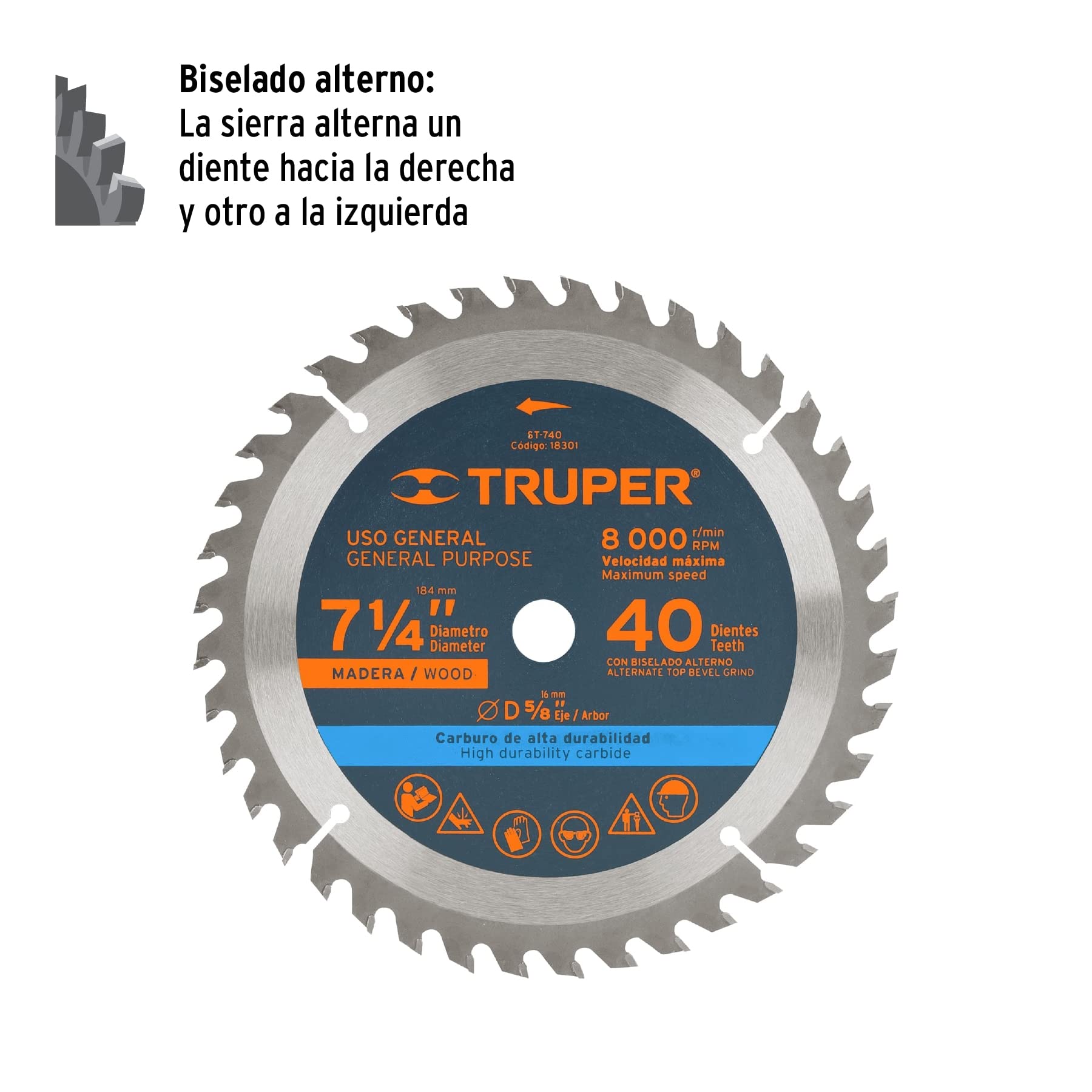 TRUPER ST-740 7 1/4 Inch 40-Tooth Circular Saw Blade with 5/8 Inch Arbor for Wood Cutting - Perfect for DIY Projects, Carpentry, and Woodworking