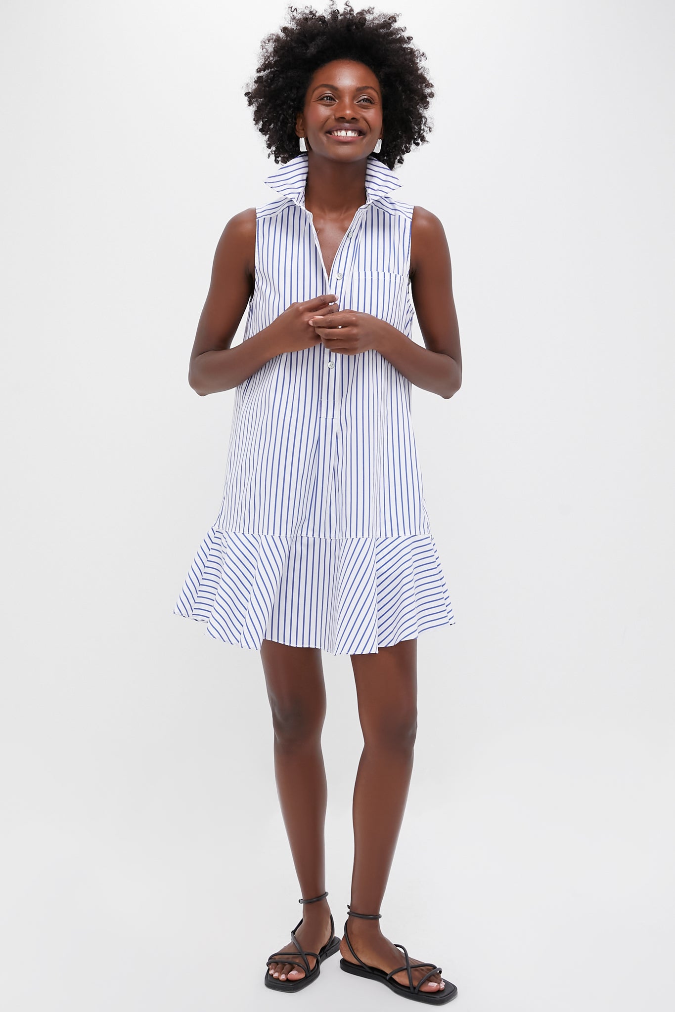 Blue Stripe Sleeveless Callahan Shirt Dress for Women | Summer Casual Wear & Beach Cover Up | Flowy Comfortable Midi Dress