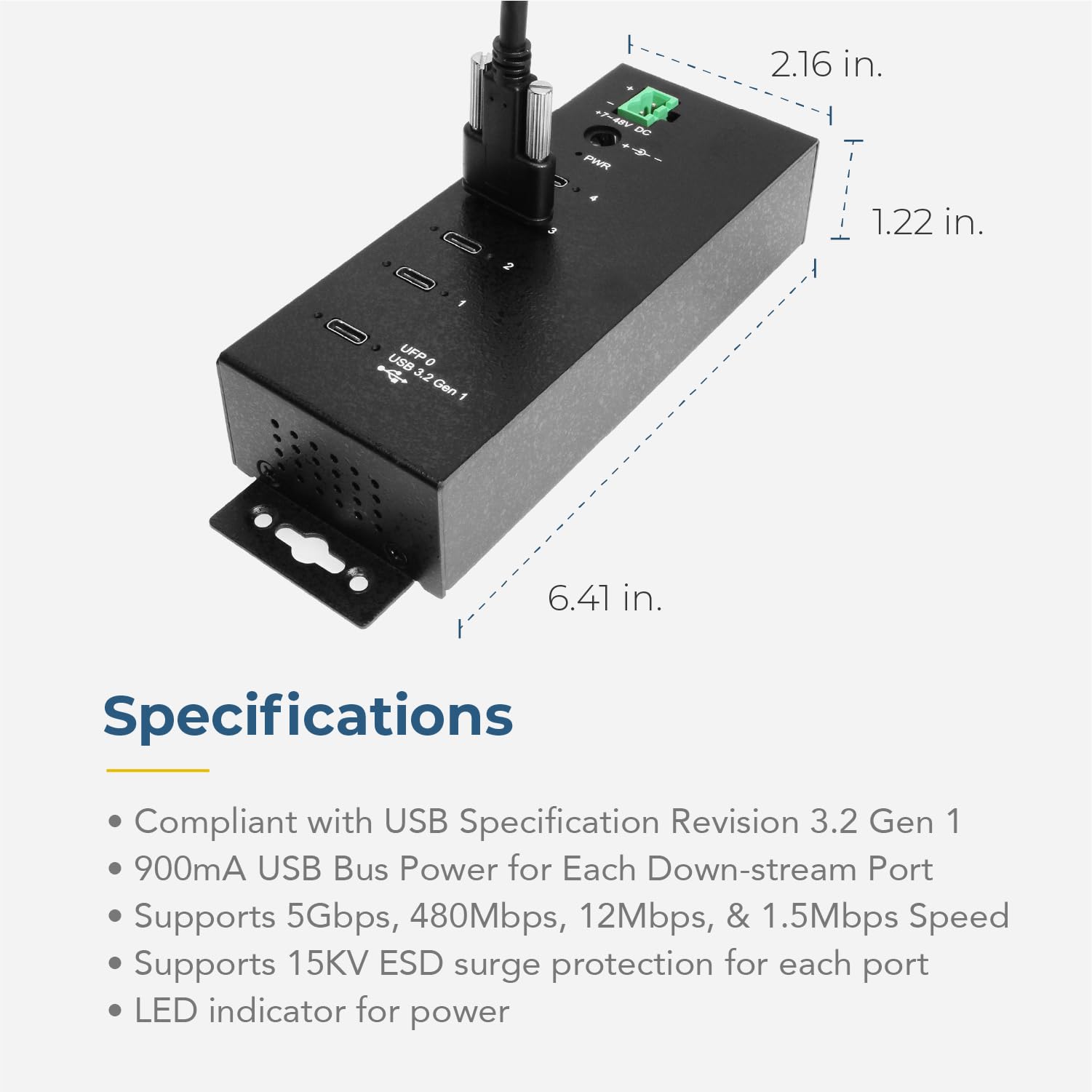 4-Port USB-C 3.2 Hub with 15KV ESD Surge Protection - DIN Rail Mount for Industrial Control Panels & Server Racks