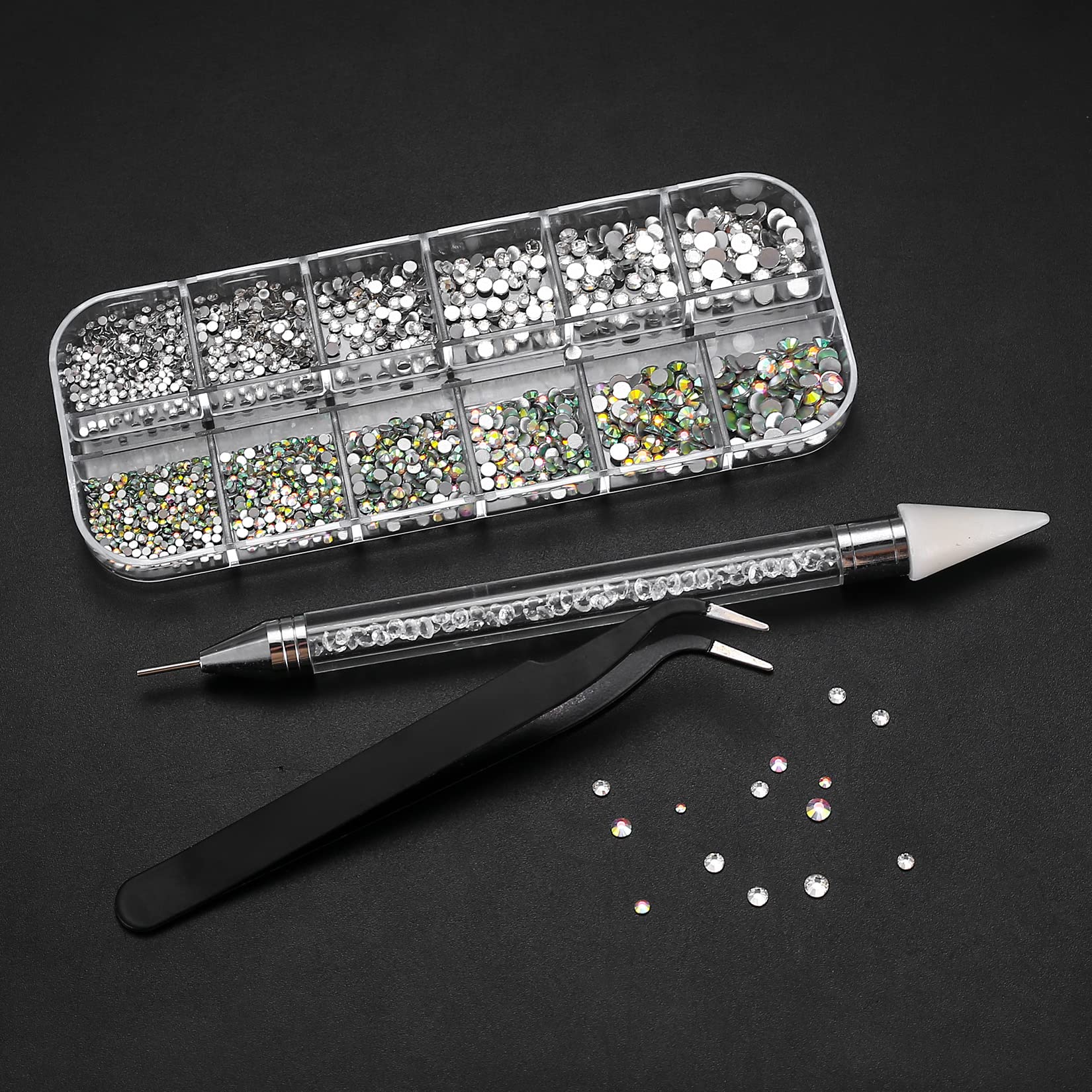 Wugongshan Flat Rhinestones for Nail Art - 1200pcs Sparkling Nail Gems with Tweezers & Pickup Pen - DIY Nail Design Crystal Decorations for Manicure, Pedicure & Nail Salon Use