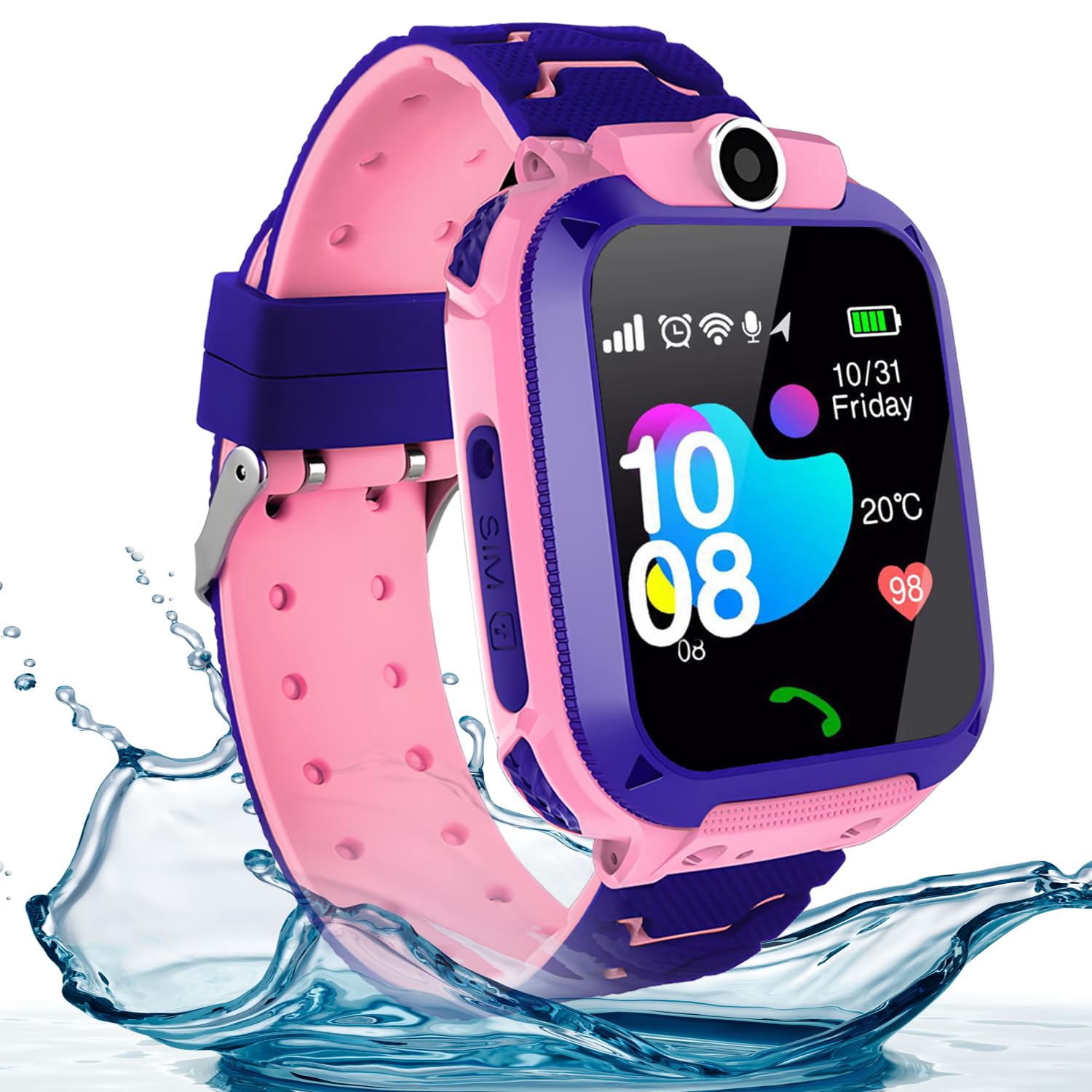 Waterproof Kids Smart Watch with SIM Card, Call Function, Touch Screen, HD Camera, Music Player, GPS Tracker & Puzzle Games - Perfect Gift for Boys & Girls Ages 3-12 (Pink) | Ideal for Outdoor Play, School Safety & Parent-Child Communication