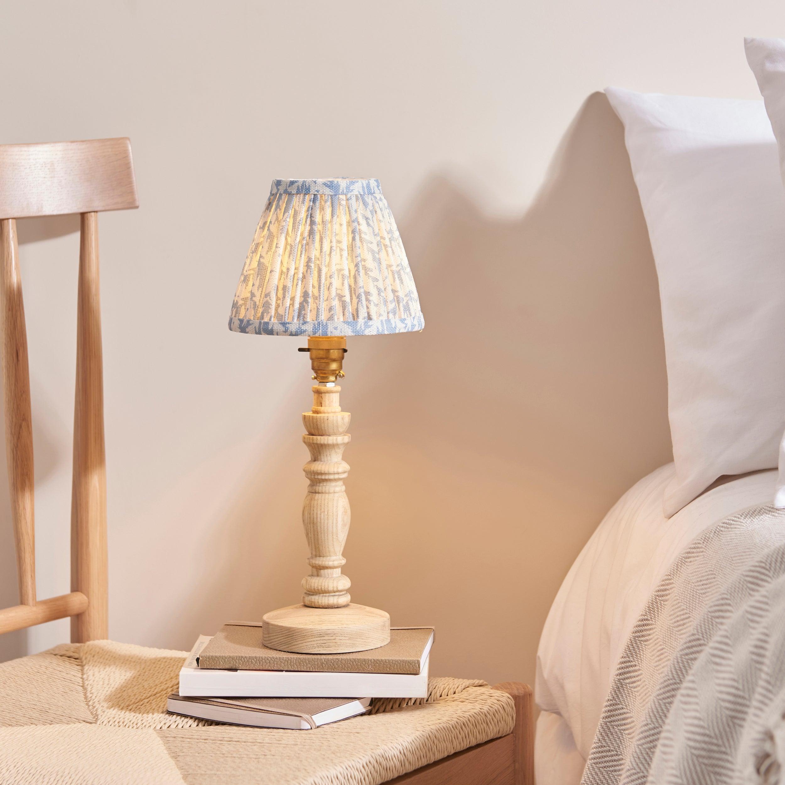 Bibury 16cm Wooden Table Lamp with Leaf Design & Shell Bay Blue Shade - Elegant Home Office Decor, Bedside Lighting for Bedroom, Living Room, Study