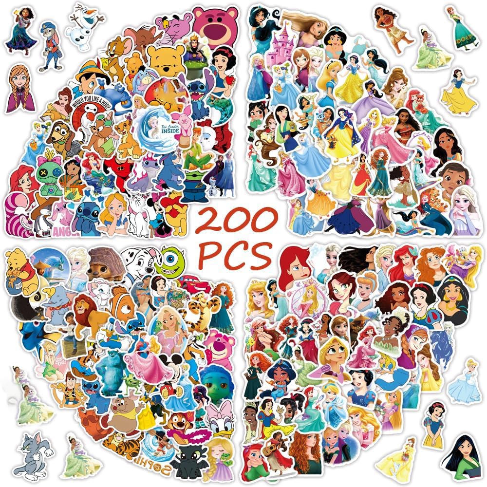 200Pcs Disney Princess Stickers Pack - Cute Cartoon Character Stickers for Kids, Teens & Adults - Waterproof Decorative Stickers for Water Bottles, Laptops, Luggage & DIY Crafts - Perfect for School, Parties & Scrapbooking