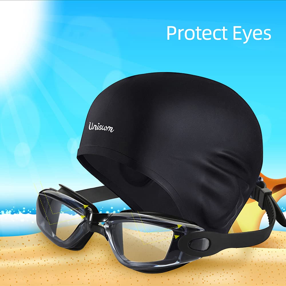 Anti-Fog Swimming Goggles & Silicone Swim Cap Set for Adults - UV Protection Swim Glasses & Comfortable Swim Hat Pack for Pool, Beach & Training