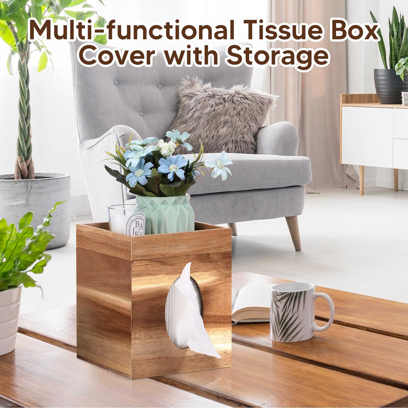 Wooden Tissue Box Cover with Storage Tray - 6