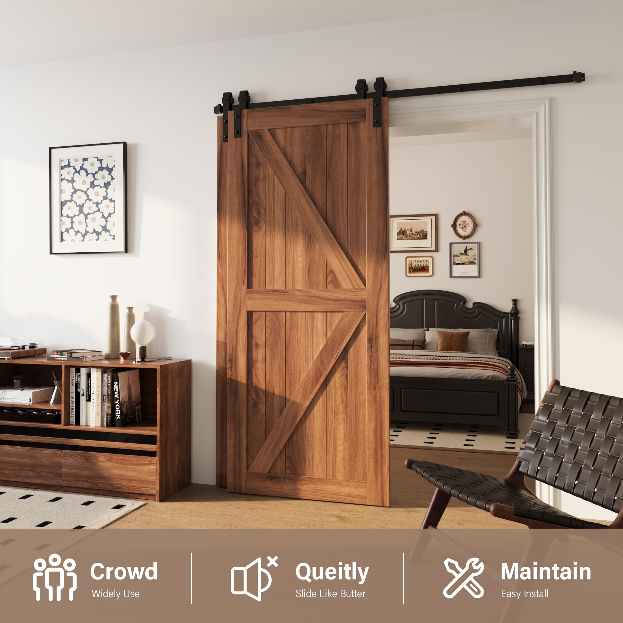 WINSOON 7.5FT Single Rail Bypass Barn Door Hardware Kit - Heavy Duty Sliding Track System with Antique Rollers for Double Doors - Perfect for Cabinet, Closet, Bedroom and Home Office Installation