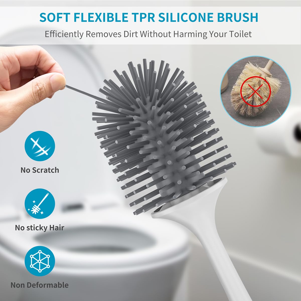 2-Pack Silicone Toilet Brush Set with Long Handle & Tweezers - Durable Toilet Bowl Cleaner Brush and Holder for Deep Bathroom Cleaning | Elegant Bathroom Decor Accessories for Home, Hotel, and Office Use