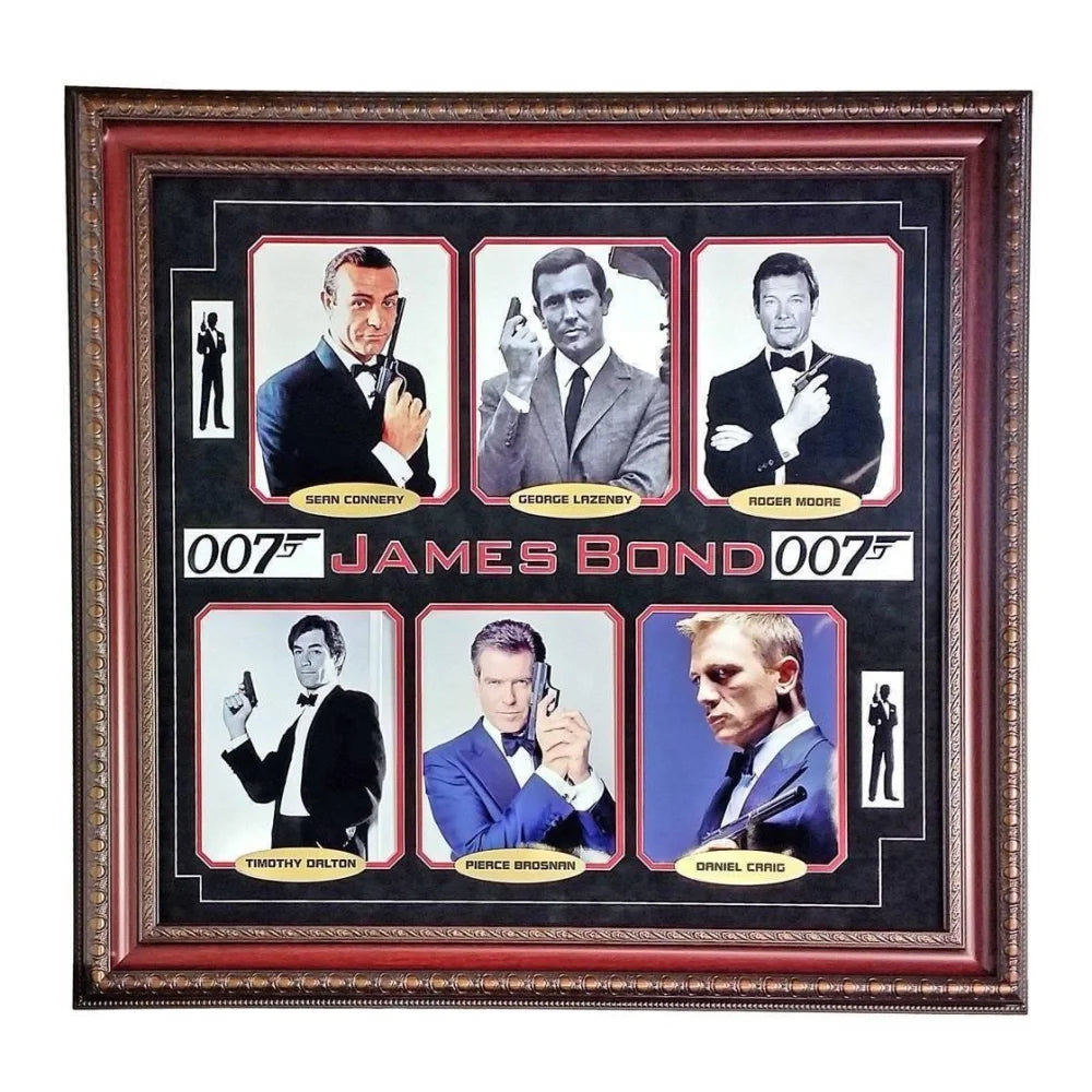 James Bond 007 Movie Poster Collage - 8x10 Framed Art Print Featuring Sean Connery, Roger Moore, Daniel Craig & Pierce Brosnan - Perfect for Home Theater, Man Cave or Office Decor