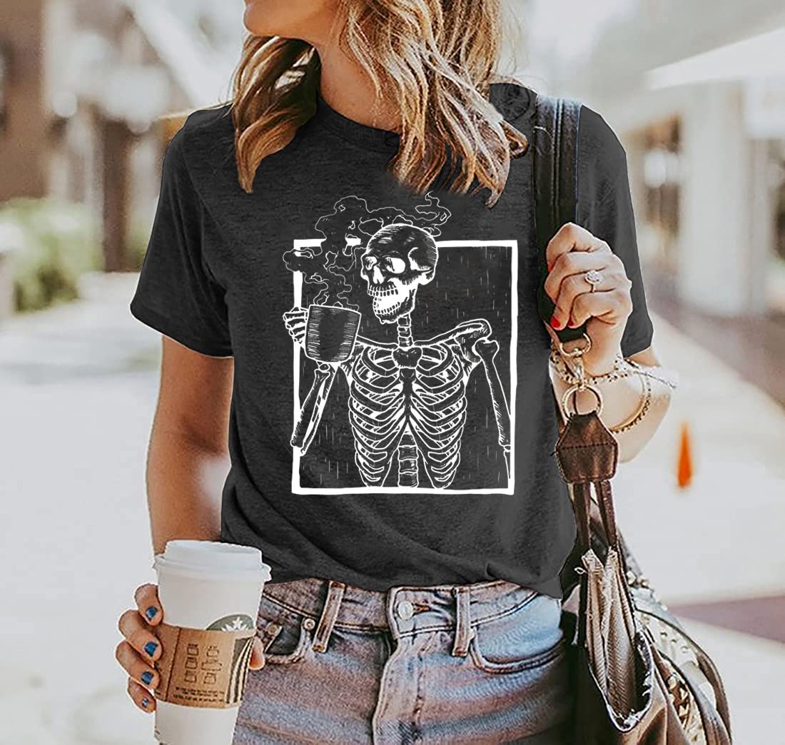 Funny Halloween Skeleton T-Shirt for Women - Skull Graphic Coffee Lover Tee - Casual Short Sleeve Fall Top for Coffee Shops, Costume Parties & Everyday Wear