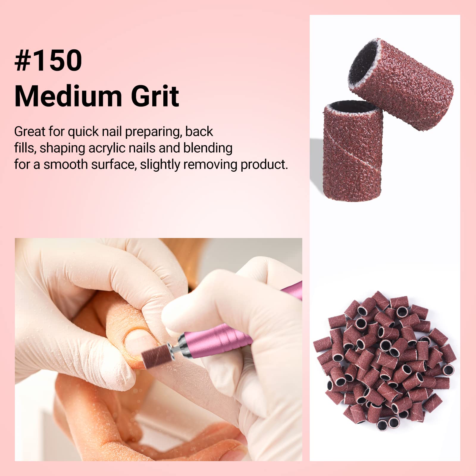 MelodySusie 100 Pcs Nail Drill Bits Sanding Bands - 150 Medium Grit Nail File Sanding Bands for Acrylic Nails, Gel Manicures & Pedicures | Professional Nail Art Tools for Salon & Home Use