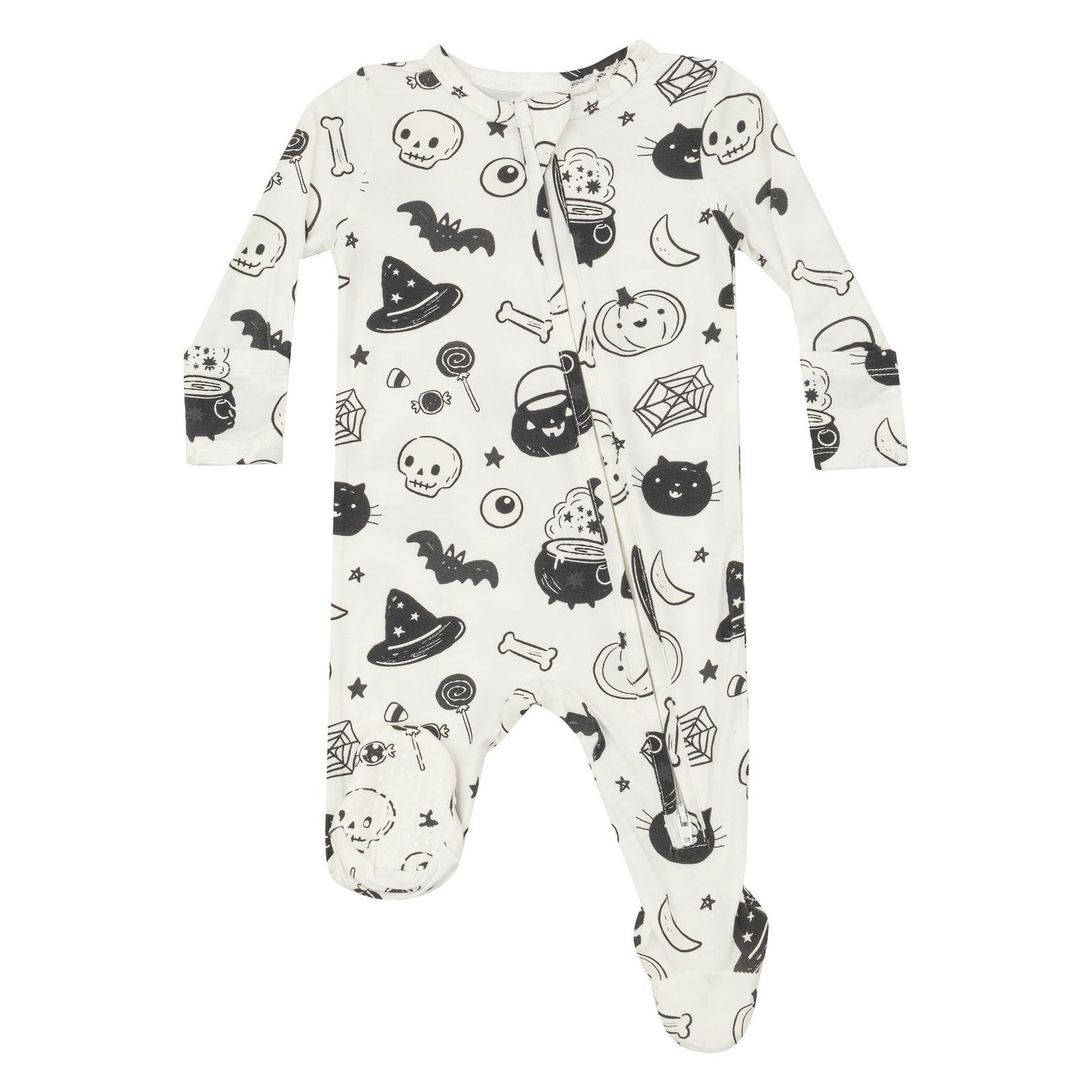 Bamboo 2-Way Zipper Footie Pajamas - Black & White Halloween Print - Ivory Color - Cozy Sleepwear for Kids & Adults - Perfect for Halloween Costumes & Family Matching Pajama Sets