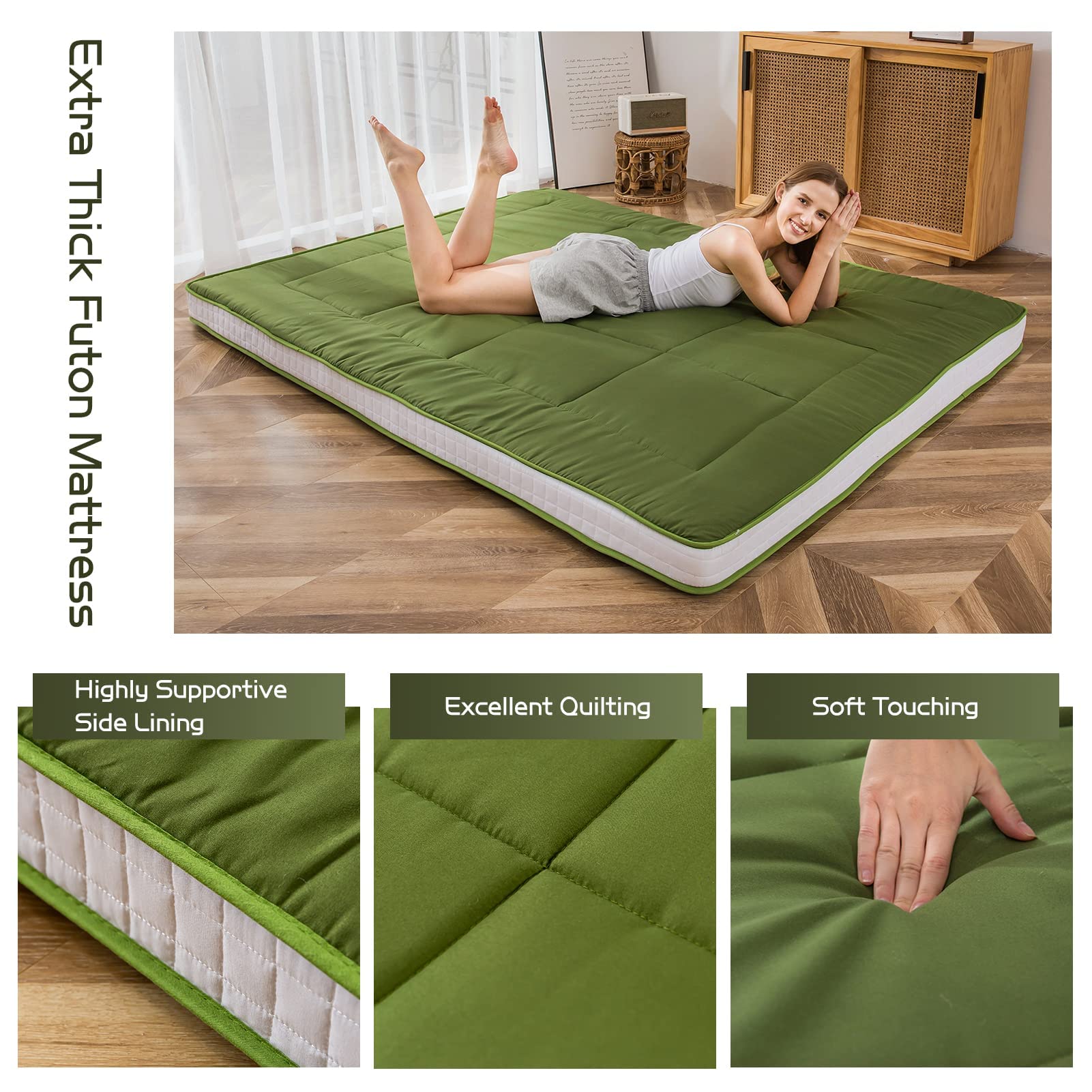 MAXYOYO Futon Mattress - Extra Thick Japanese Floor Mattress & Quilted Bed Topper | Breathable Folding Sleeping Pad for Camping, Guest Bed & Couch Lounger | Twin Size Green Mattress | Perfect for Small Spaces, Sleepovers & Outdoor Adventures
