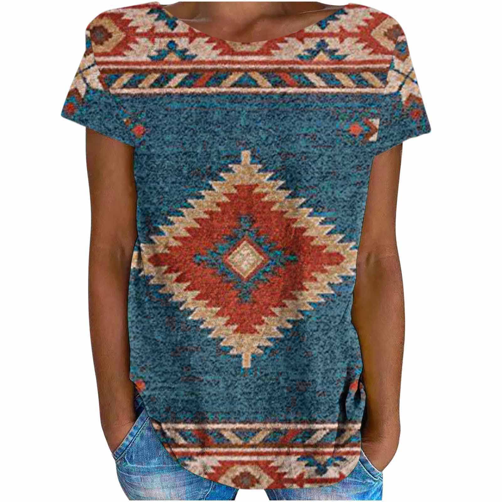 Women's Western Aztec Ethnic Print Long Sleeve Crewneck Tunic T-Shirt - Loose Fit Blouse for Casual Wear & Boho Style Outfits