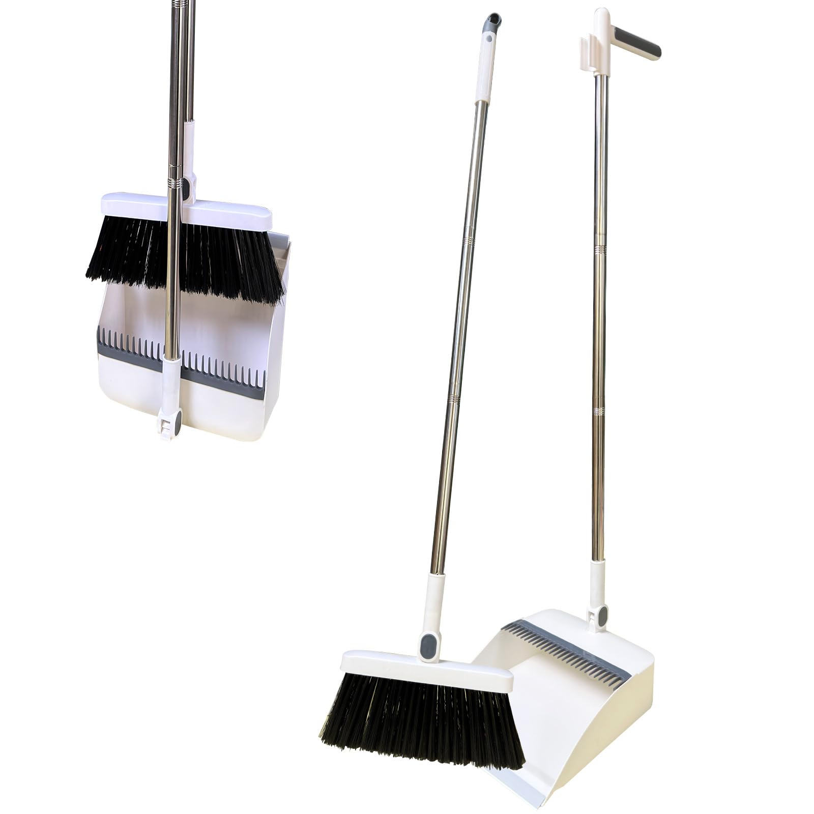JCXIOAHB Long Handle Dustpan and Broom Set with Comb Teeth - Windproof Design for Indoor, Outdoor, Garden, Kitchen & Office Cleaning - White - Perfect for Hardwood Floors, Tile, Patio & Pet Hair Removal