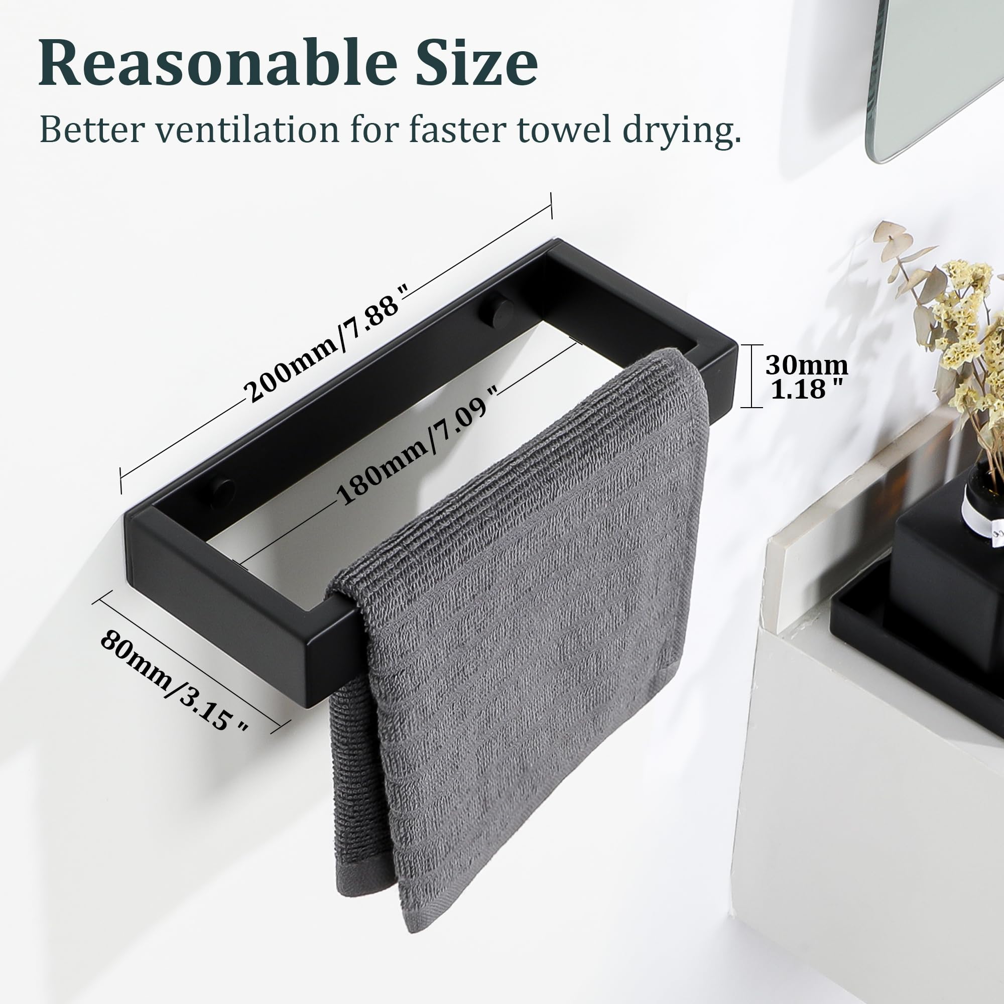 SAYAYO 20CM Stainless Steel Wall Mounted Towel Holder - Self Adhesive & Screw Installation, Black Bathroom Towel Ring (SUS304) for Kitchen, Bathroom & Laundry Room Organization